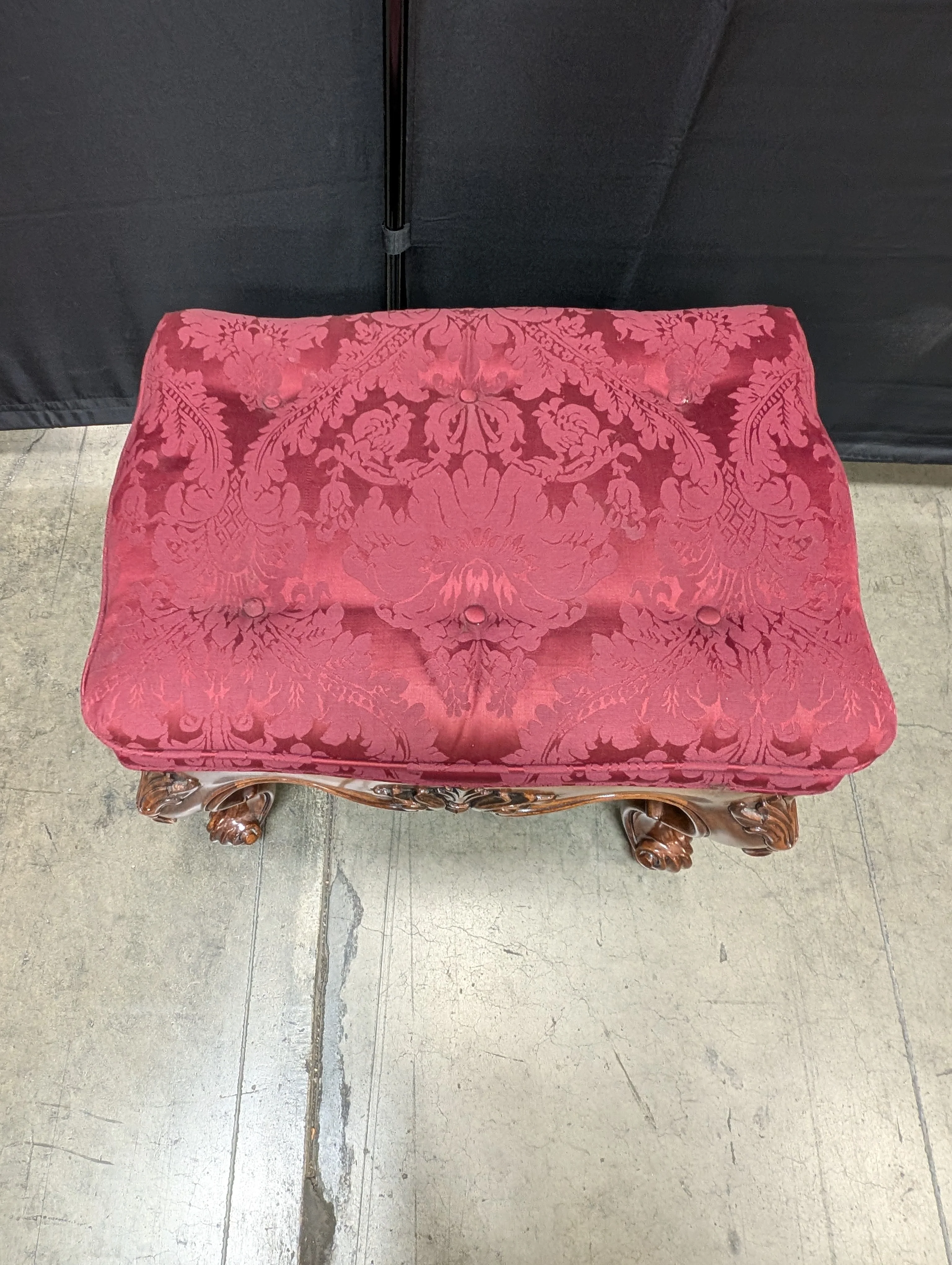 Ornate Carved Wood Tufted Ottoman - Image 5
