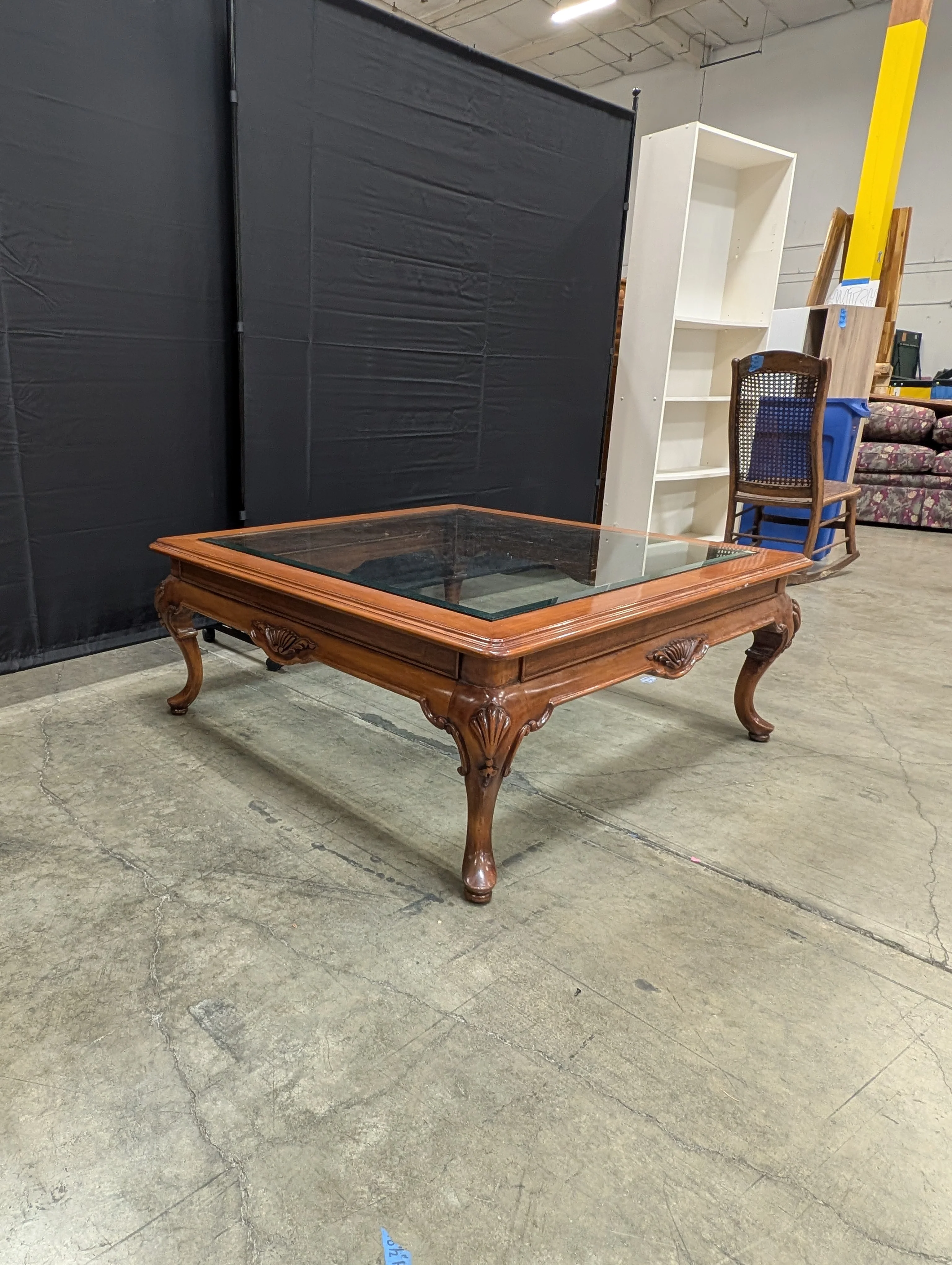 Traditional Carved Wood and Glass Top Coffee Table - Image 2
