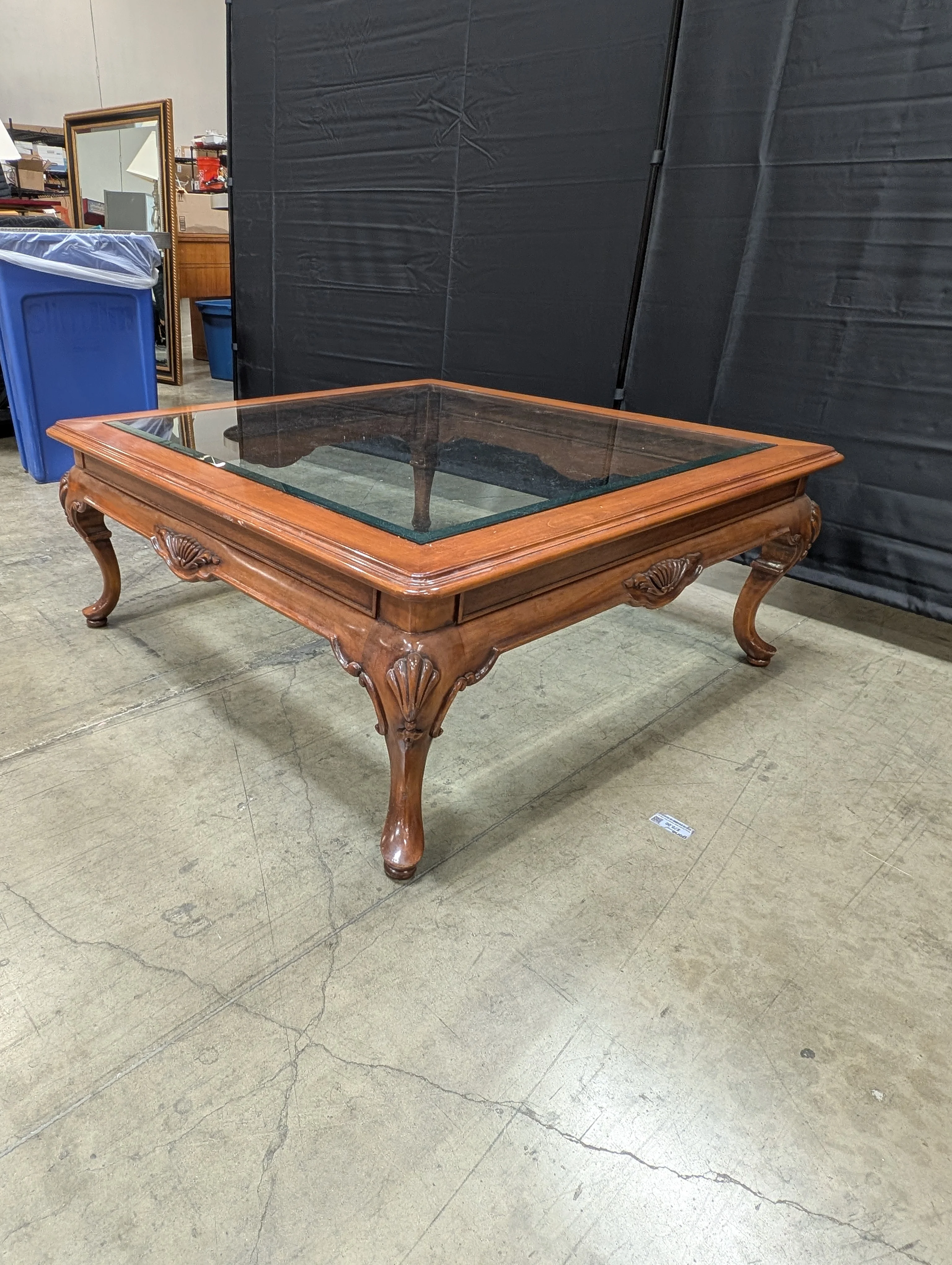 Traditional Carved Wood and Glass Top Coffee Table - Image 3