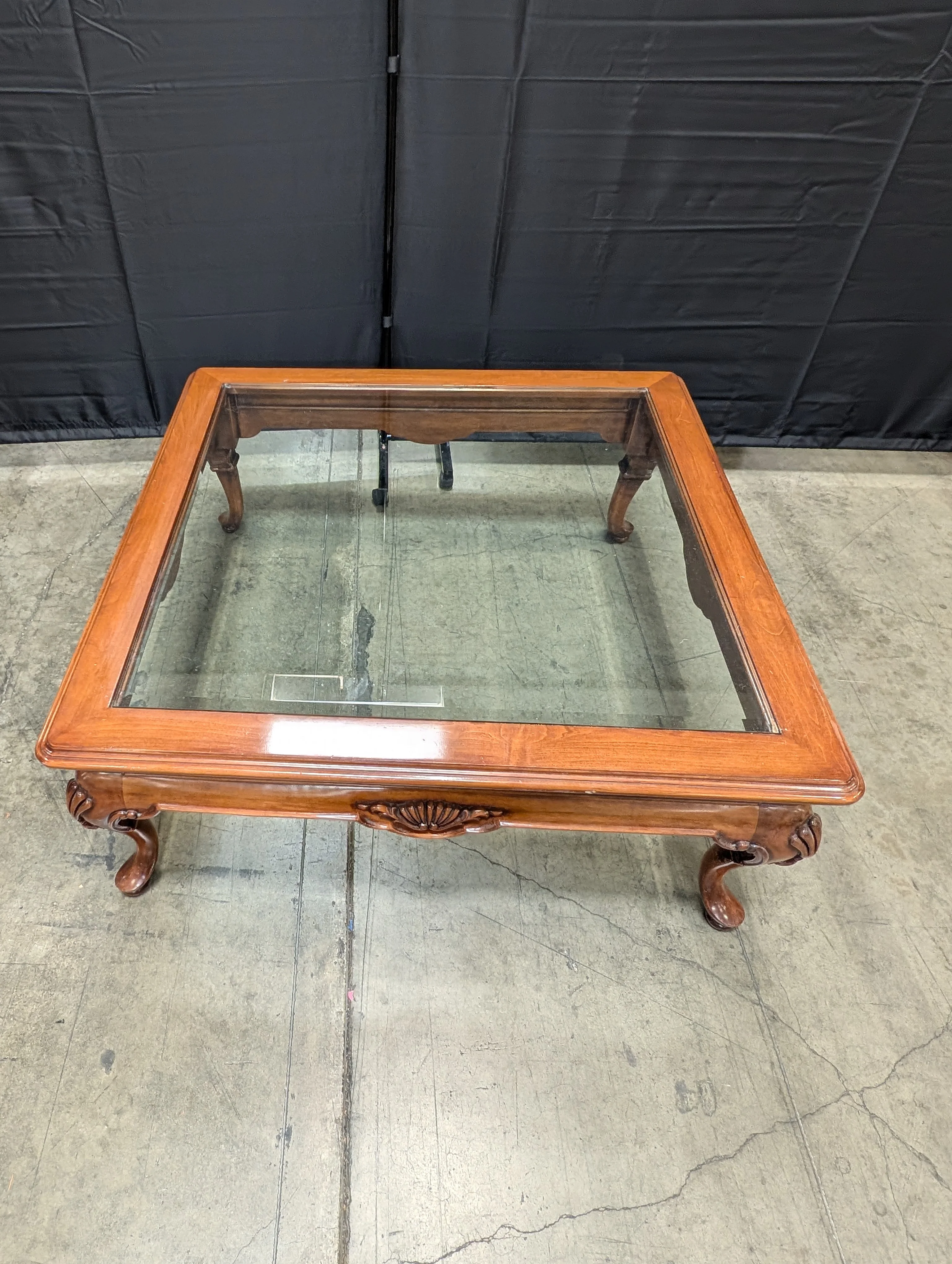Traditional Carved Wood and Glass Top Coffee Table - Image 4