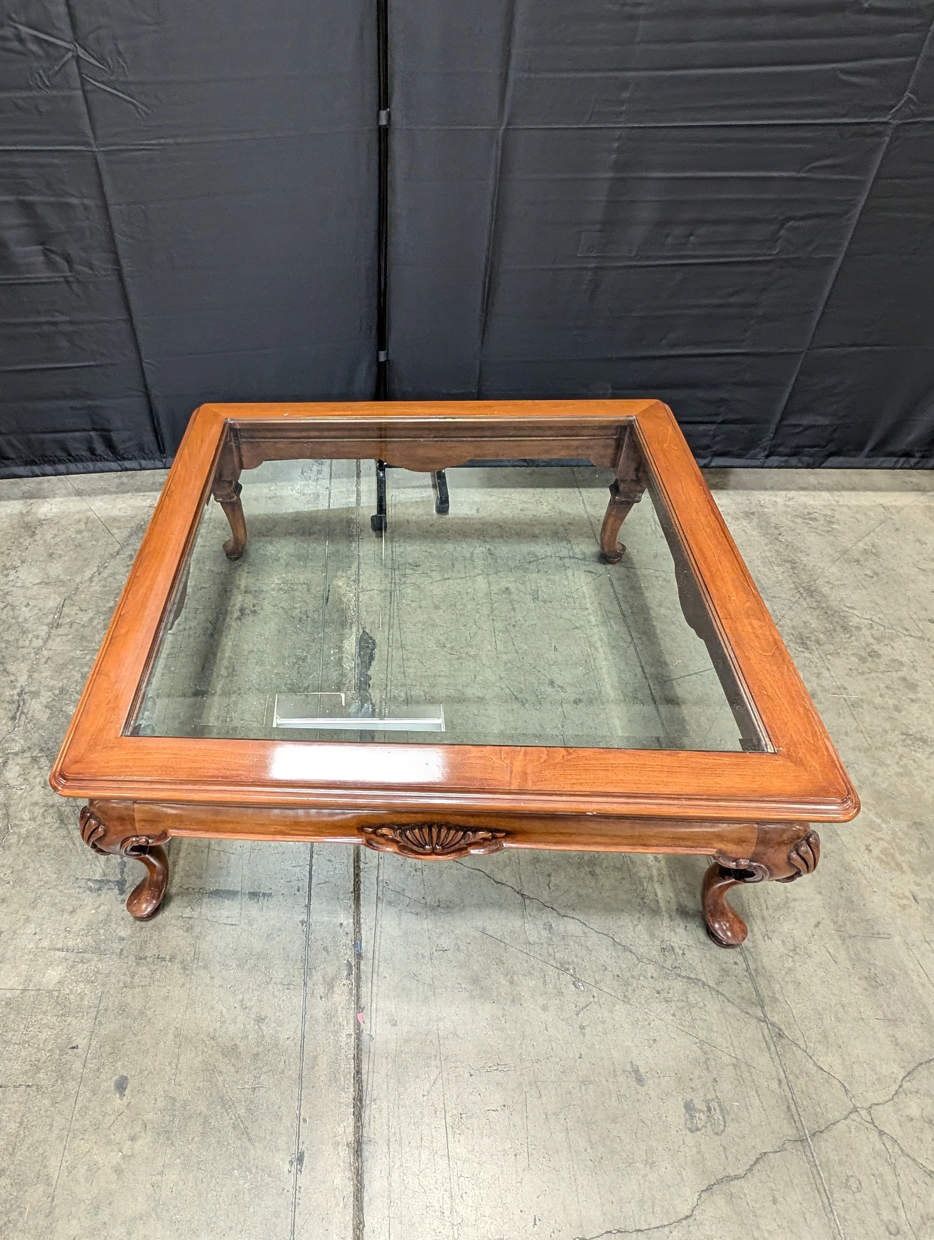 Traditional Carved Wood and Glass Top Coffee Table - Image 5