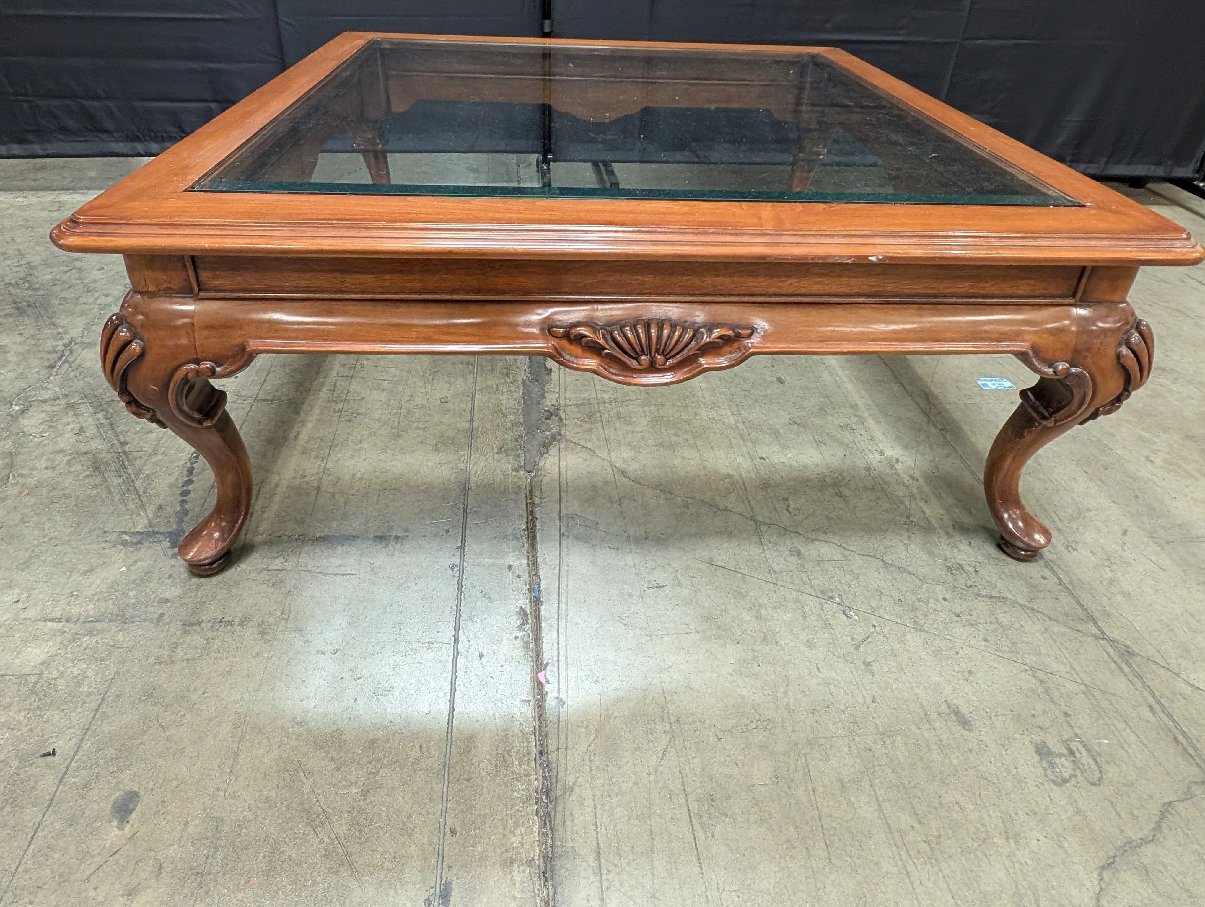 Traditional Carved Wood and Glass Top Coffee Table - Image 6