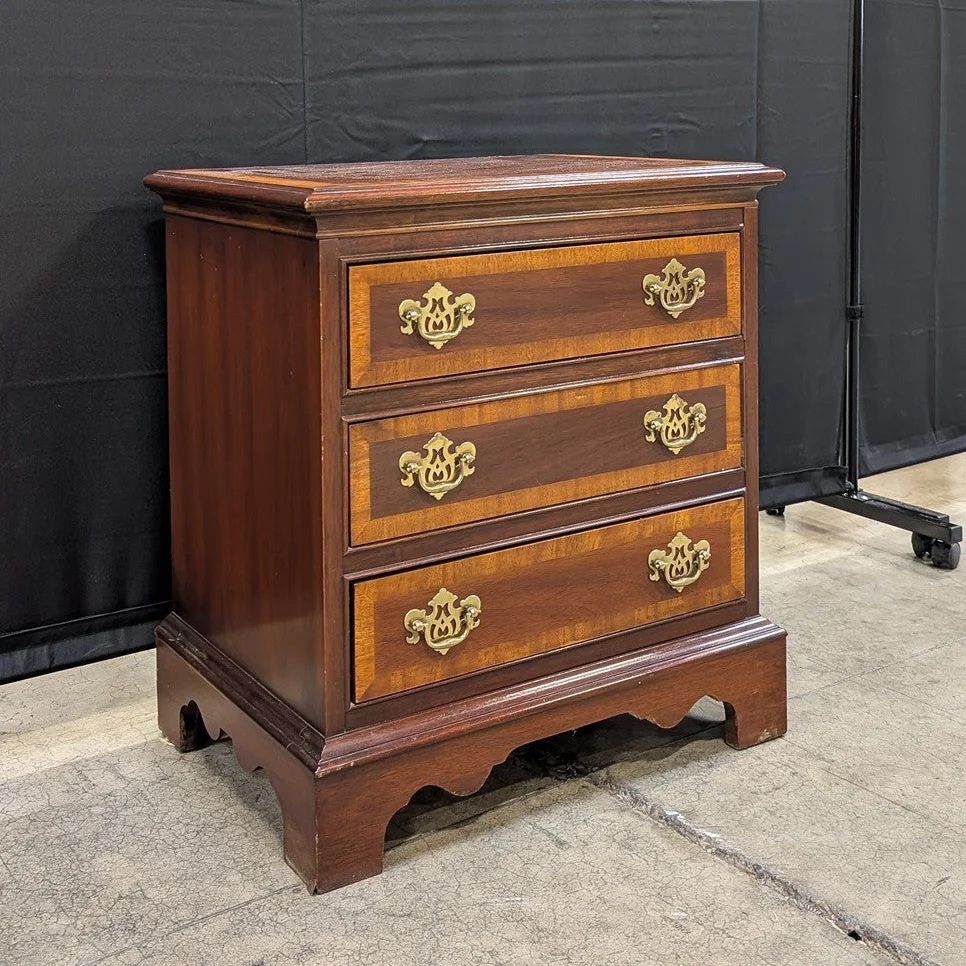 Traditional Dark Wood Three-Drawer Chest with Ornate Brass Pulls - Image 2