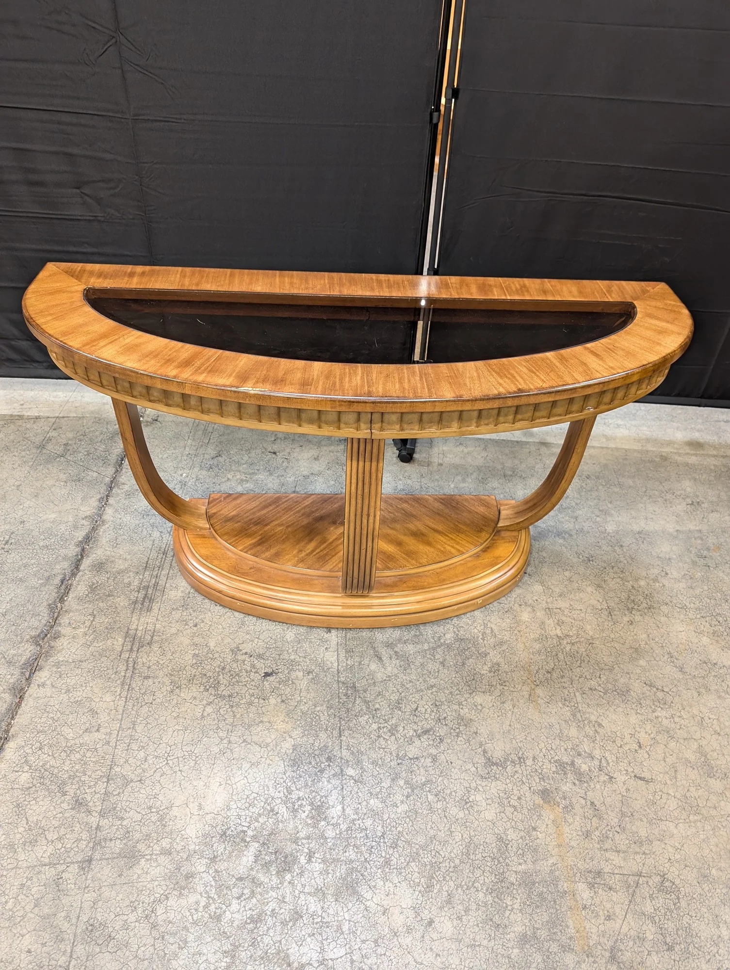 Art Deco Style Wood Demi-Lune Console Table with Glass Top - Image 2