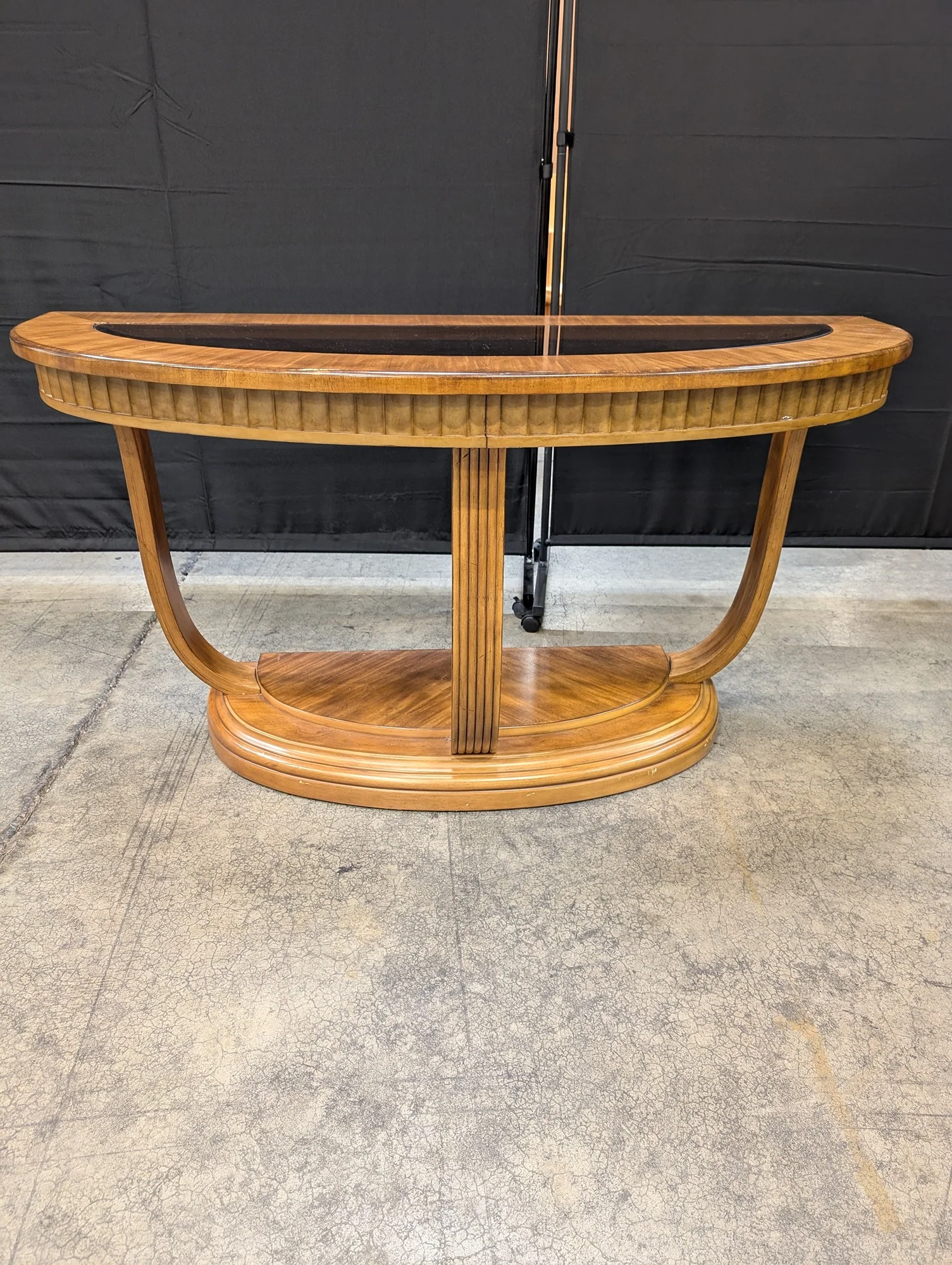 Art Deco Style Wood Demi-Lune Console Table with Glass Top - Image 3