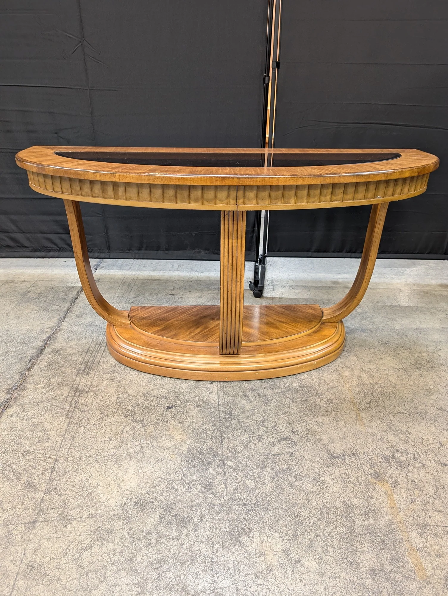 Art Deco Style Wood Demi-Lune Console Table with Glass Top - Image 5