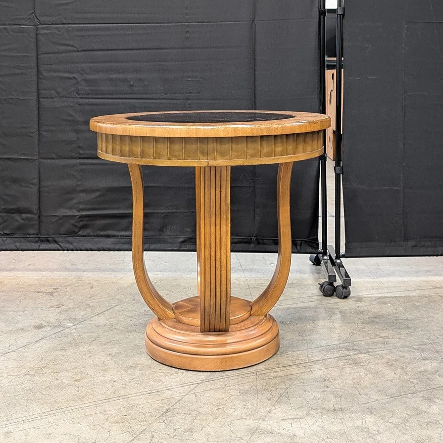 Art Deco Style Round Wood Pedestal Accent Table with Glass Top