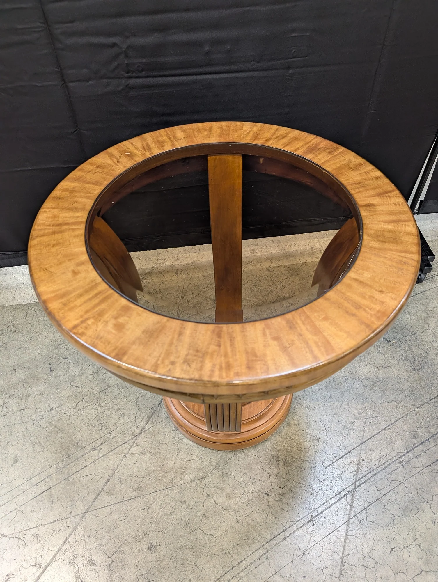 Art Deco Style Round Wood Pedestal Accent Table with Glass Top - Image 2