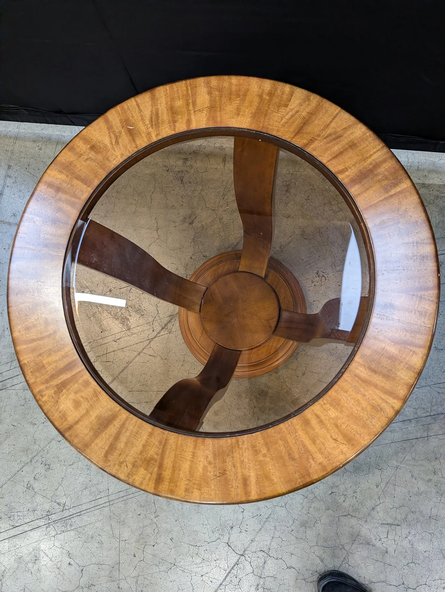Art Deco Style Round Wood Pedestal Accent Table with Glass Top - Image 3