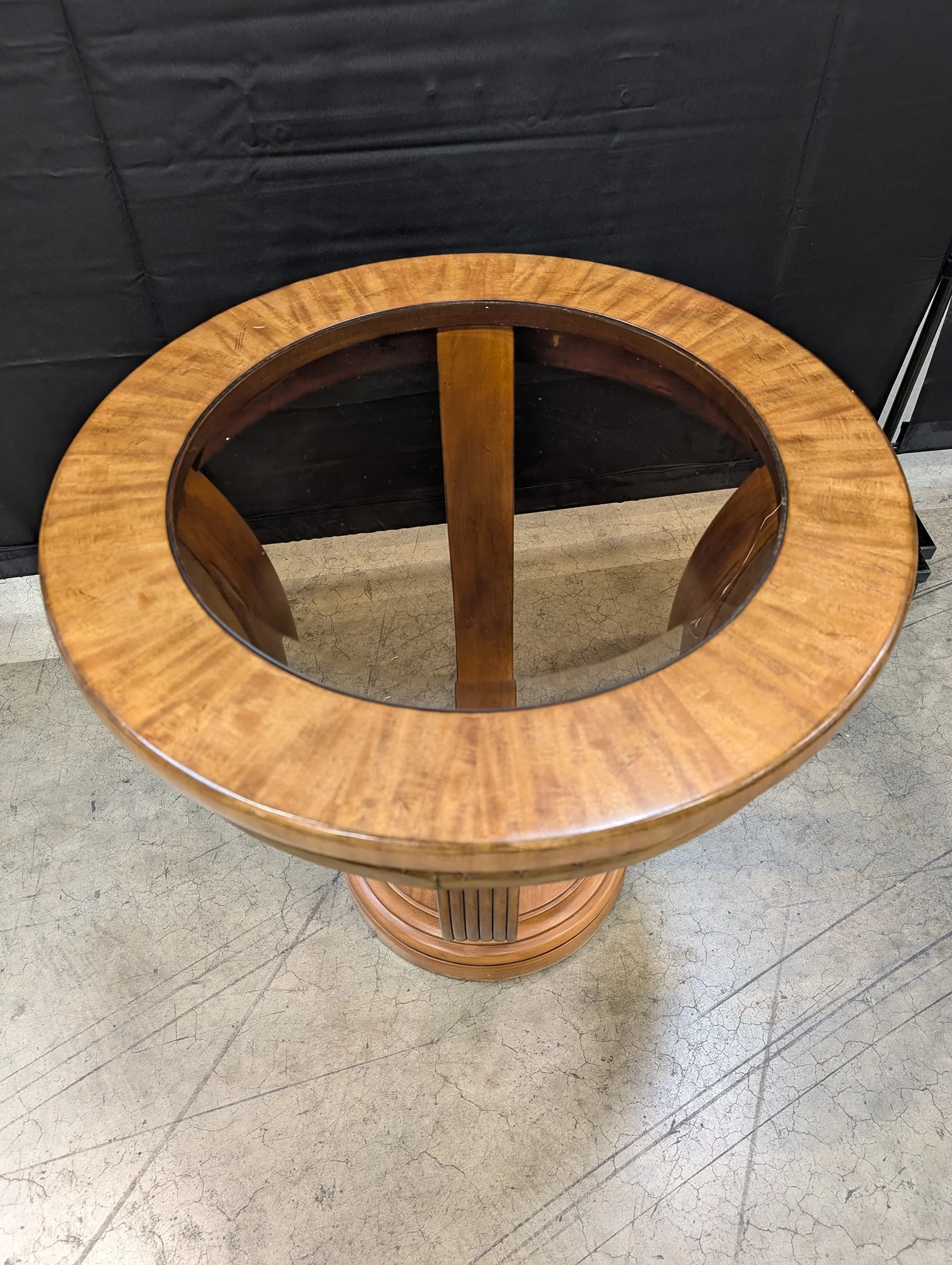 Art Deco Style Round Wood Pedestal Accent Table with Glass Top - Image 4