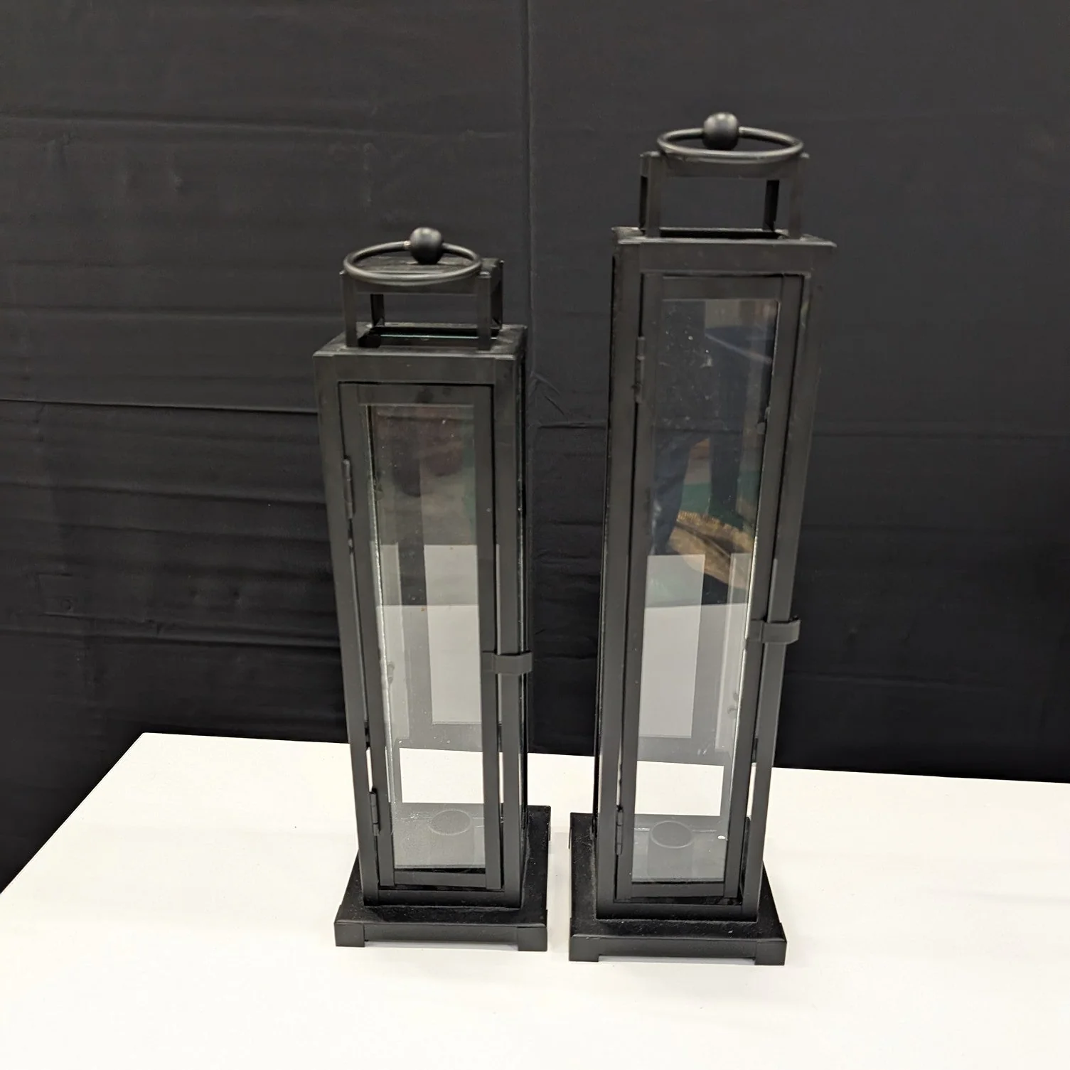 Set of Two Black Metal and Glass Pillar Candle Lanterns