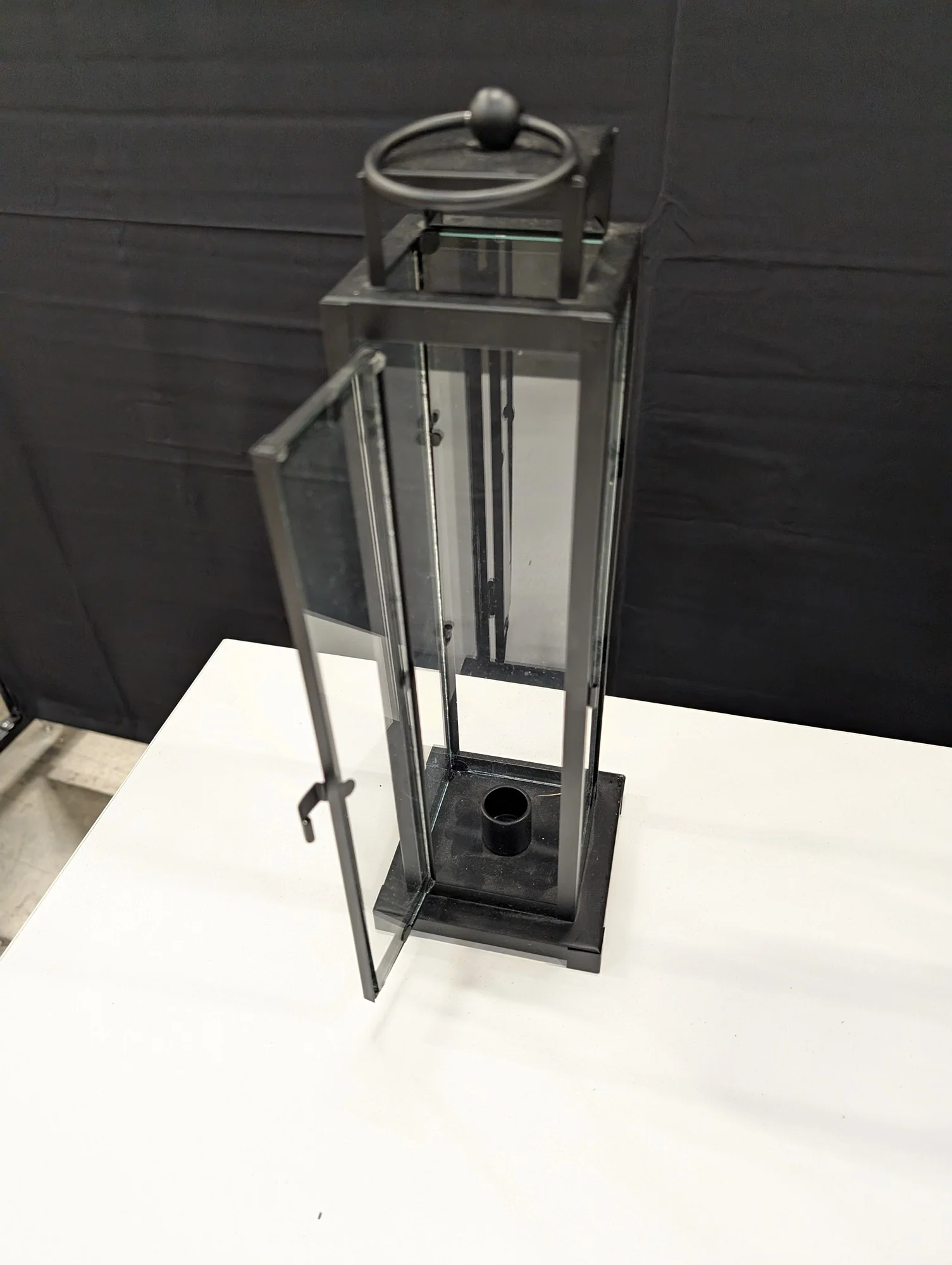 Set of Two Black Metal and Glass Pillar Candle Lanterns - Image 3