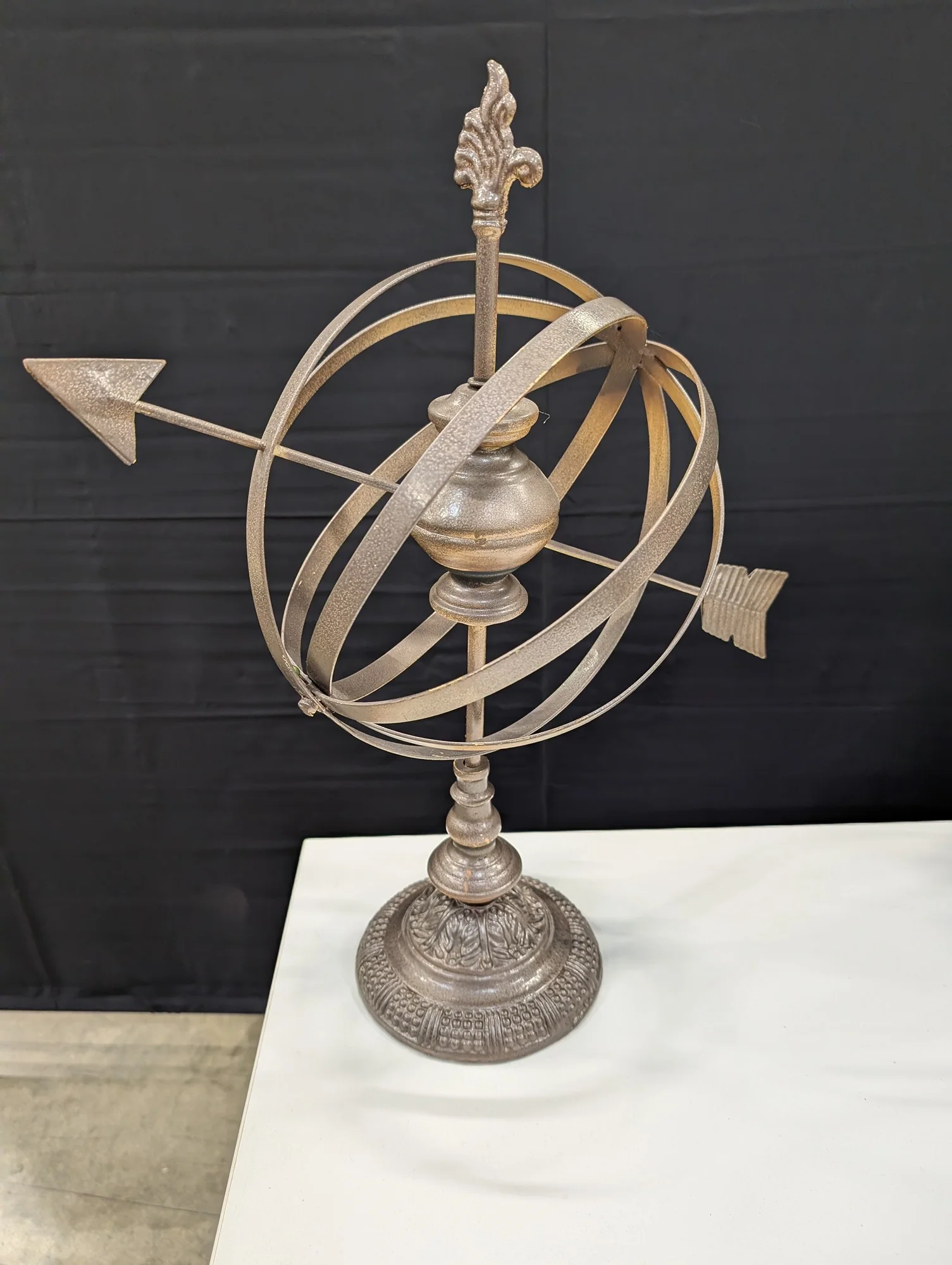 Rustic Metal Armillary Sphere Sculpture with Fleur-de-Lis Finial - Image 3