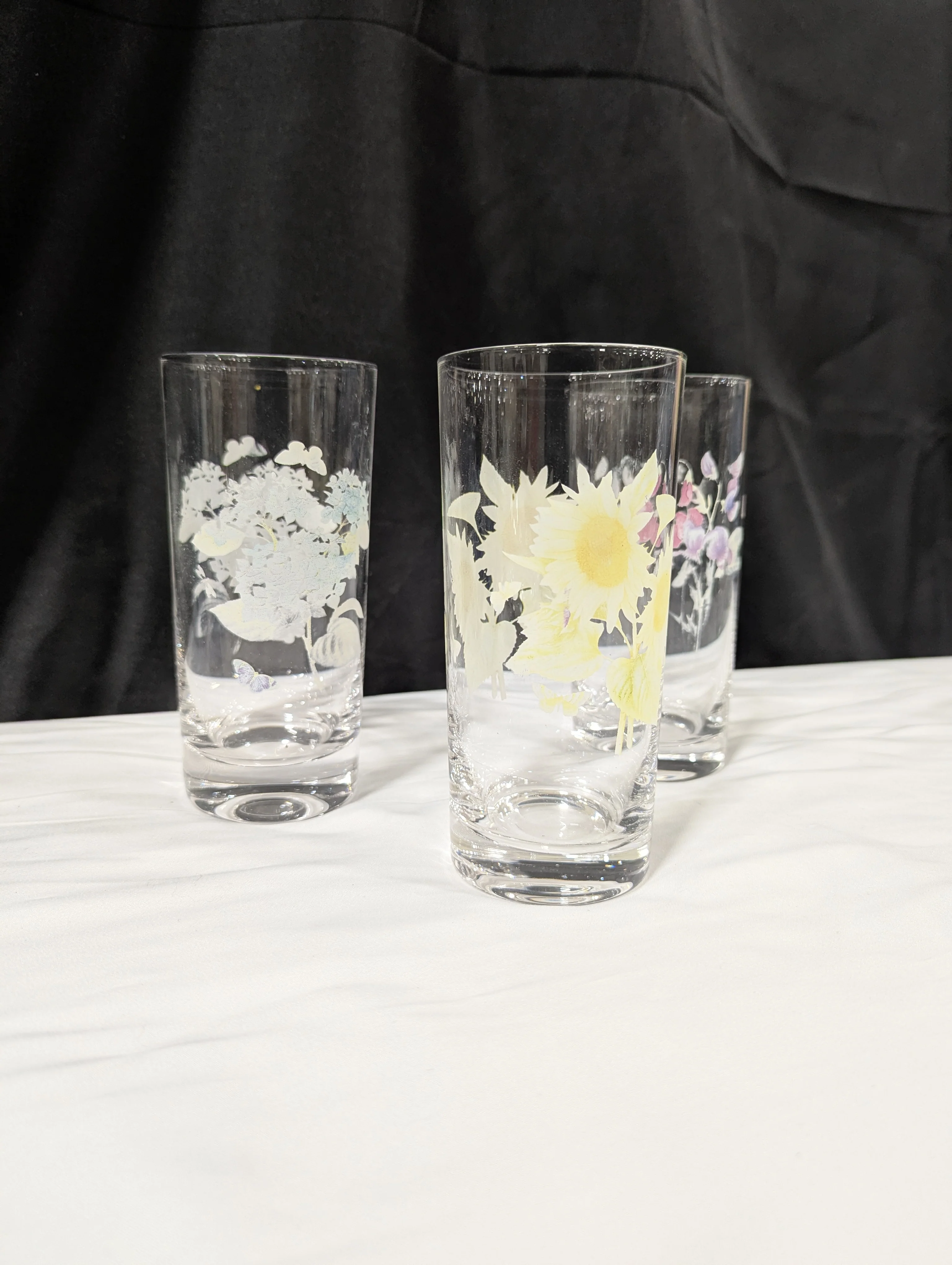 Set of Four Clear Glass Highball Tumblers with Assorted Floral Butterfly Designs - Image 6