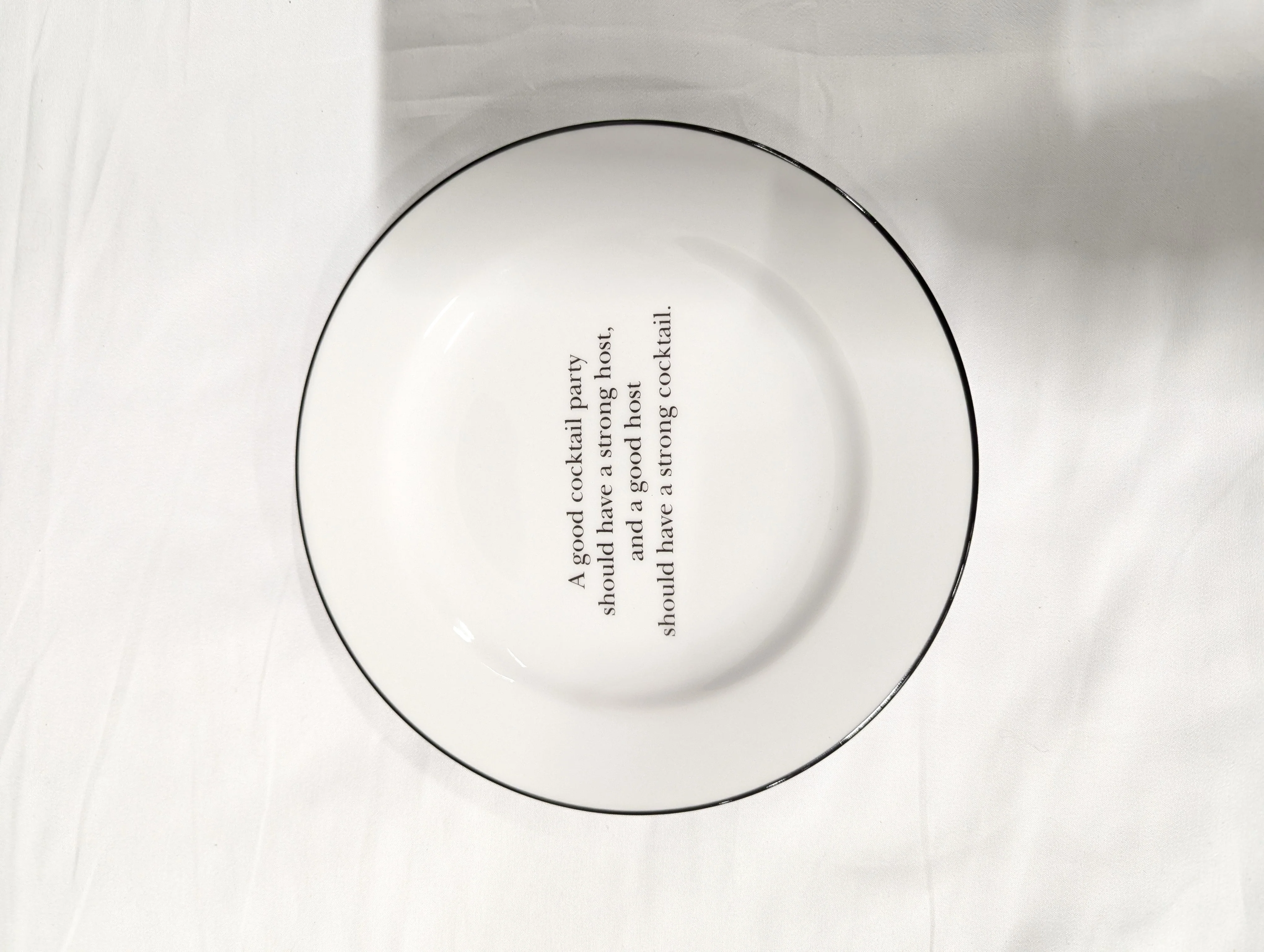 Whimsical White Ceramic Plate with Cocktail Quote Black Rim - Image 3