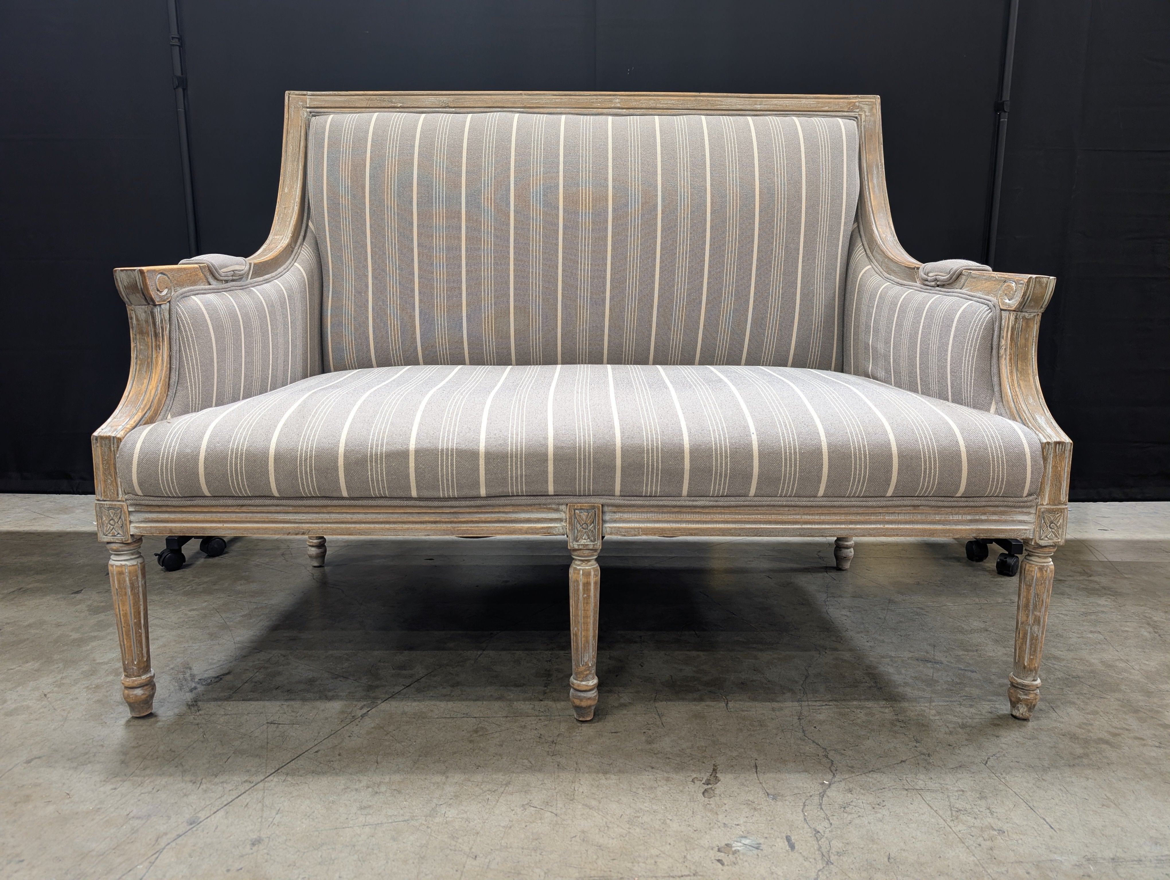 Distressed Wood Settee with Striped Upholstery - Image 11