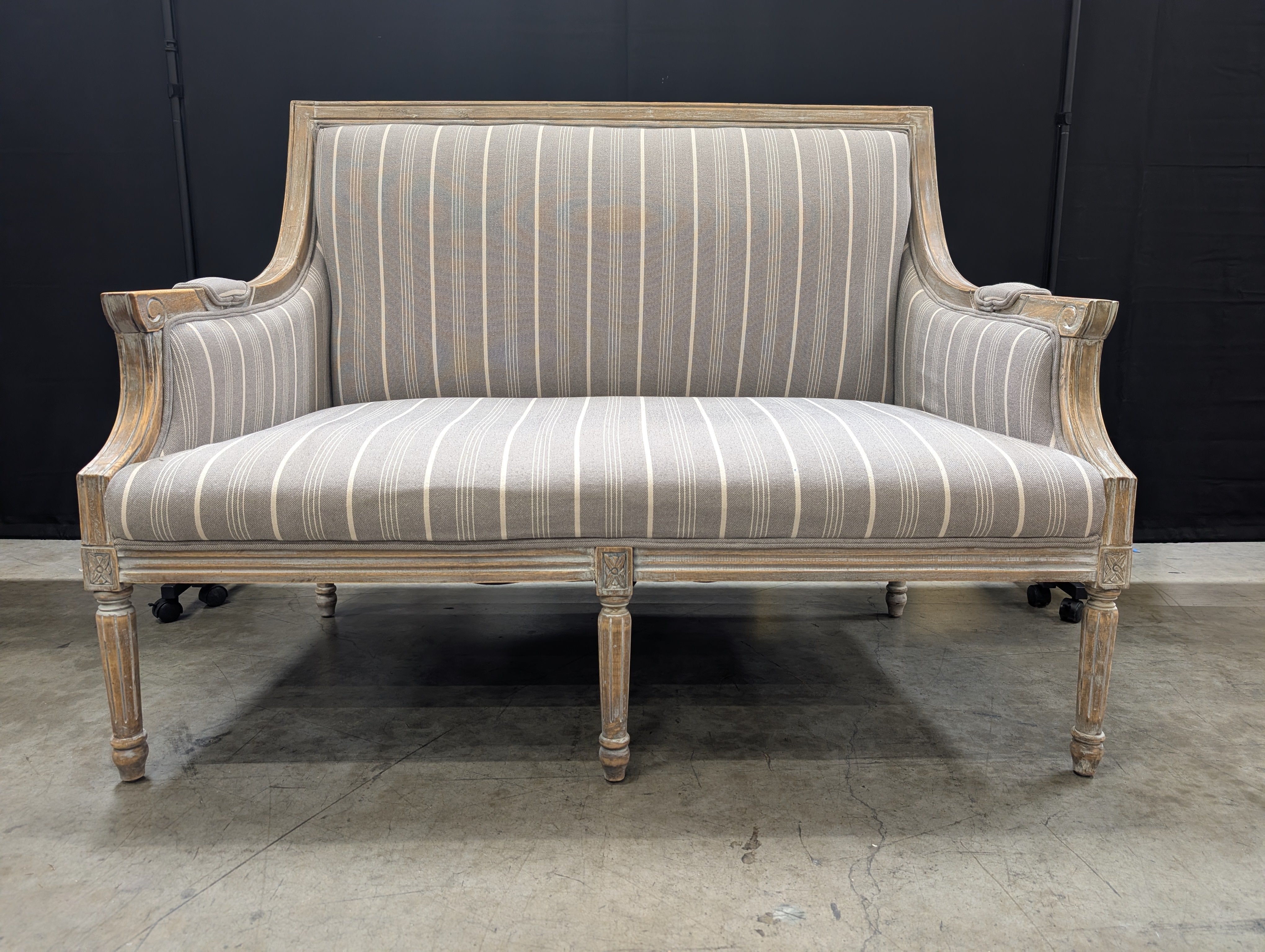 Distressed Wood Settee with Striped Upholstery - Image 12