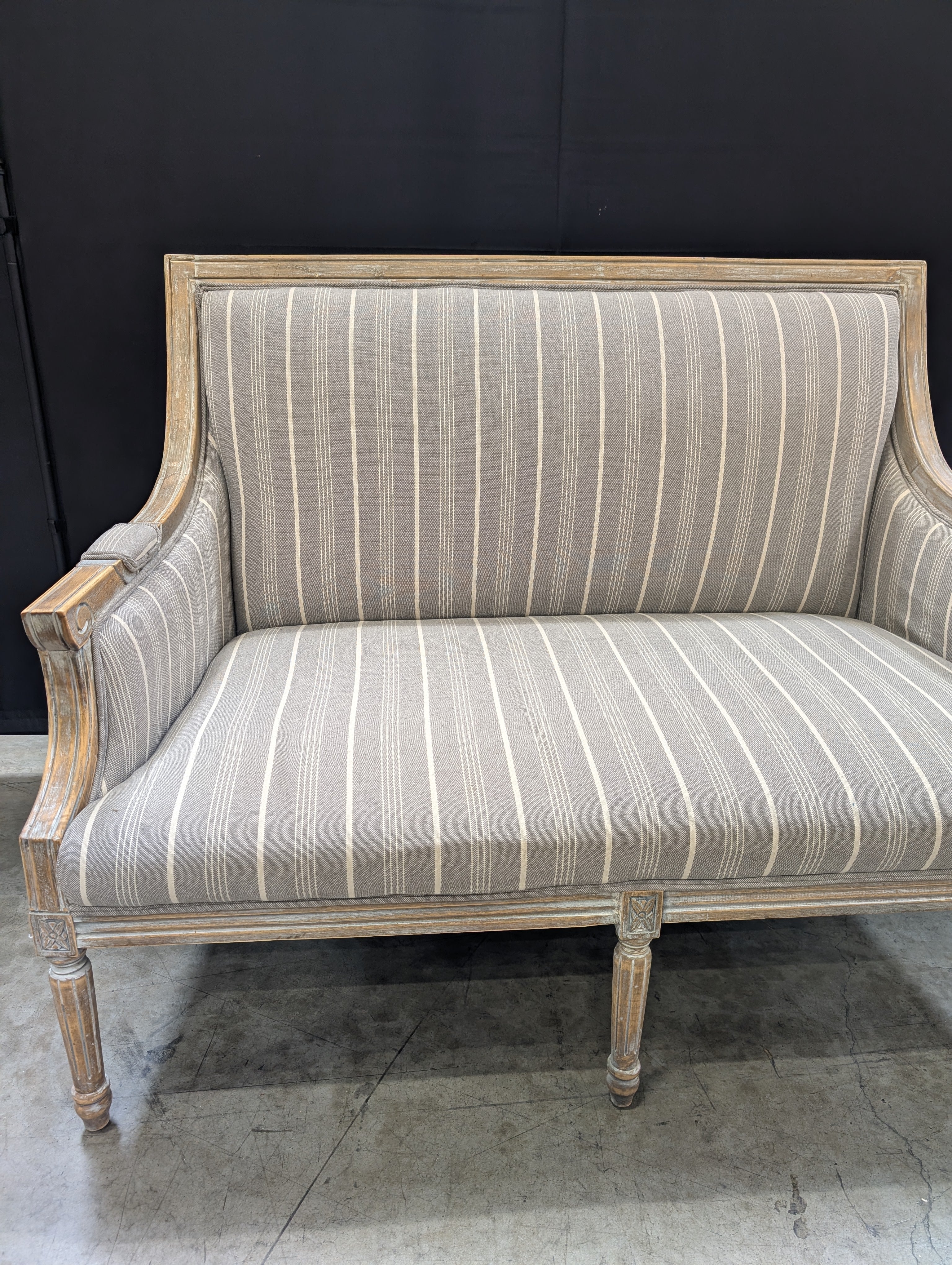 Distressed Wood Settee with Striped Upholstery - Image 13
