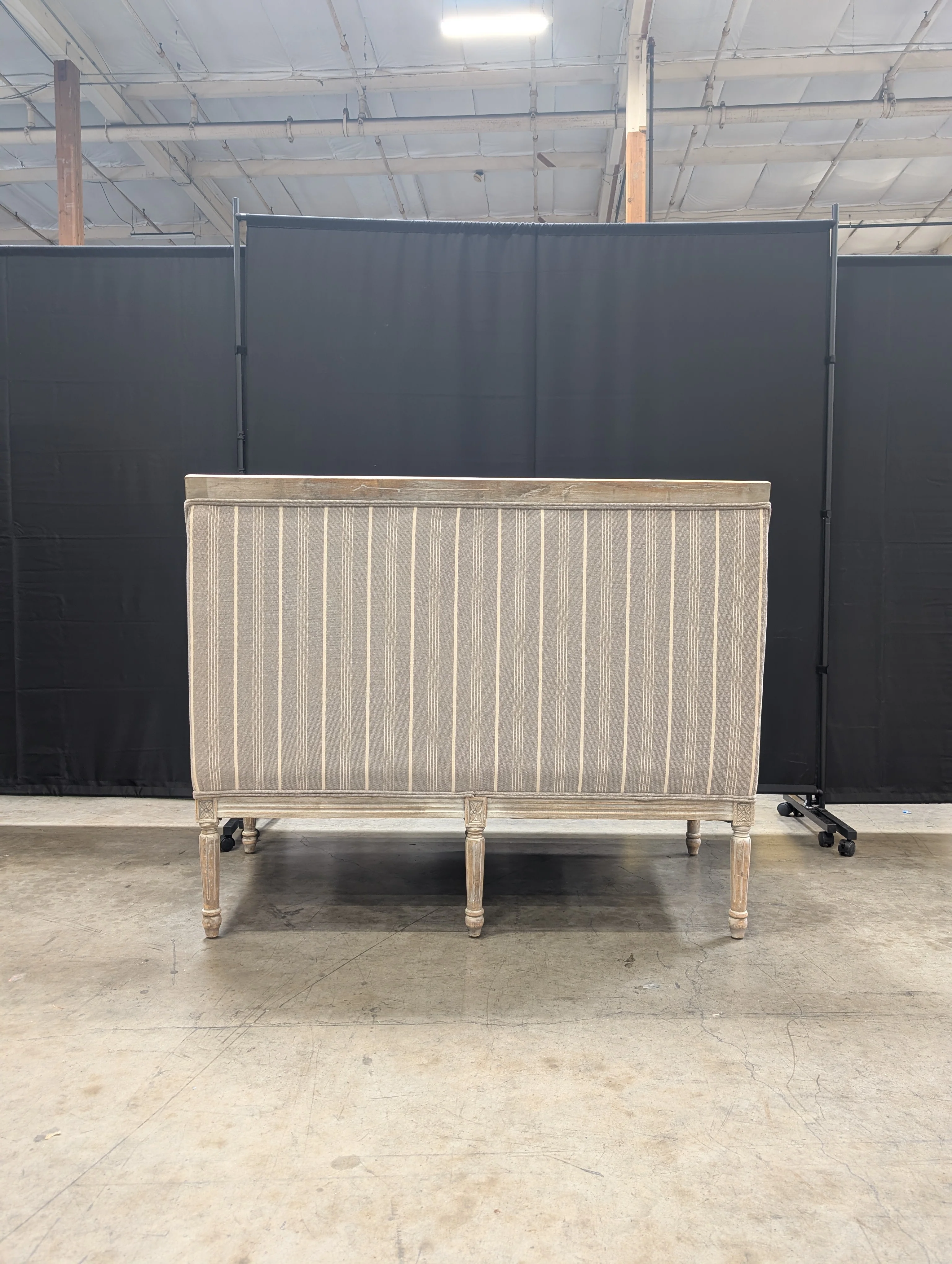 Distressed Wood Settee with Striped Upholstery - Image 15