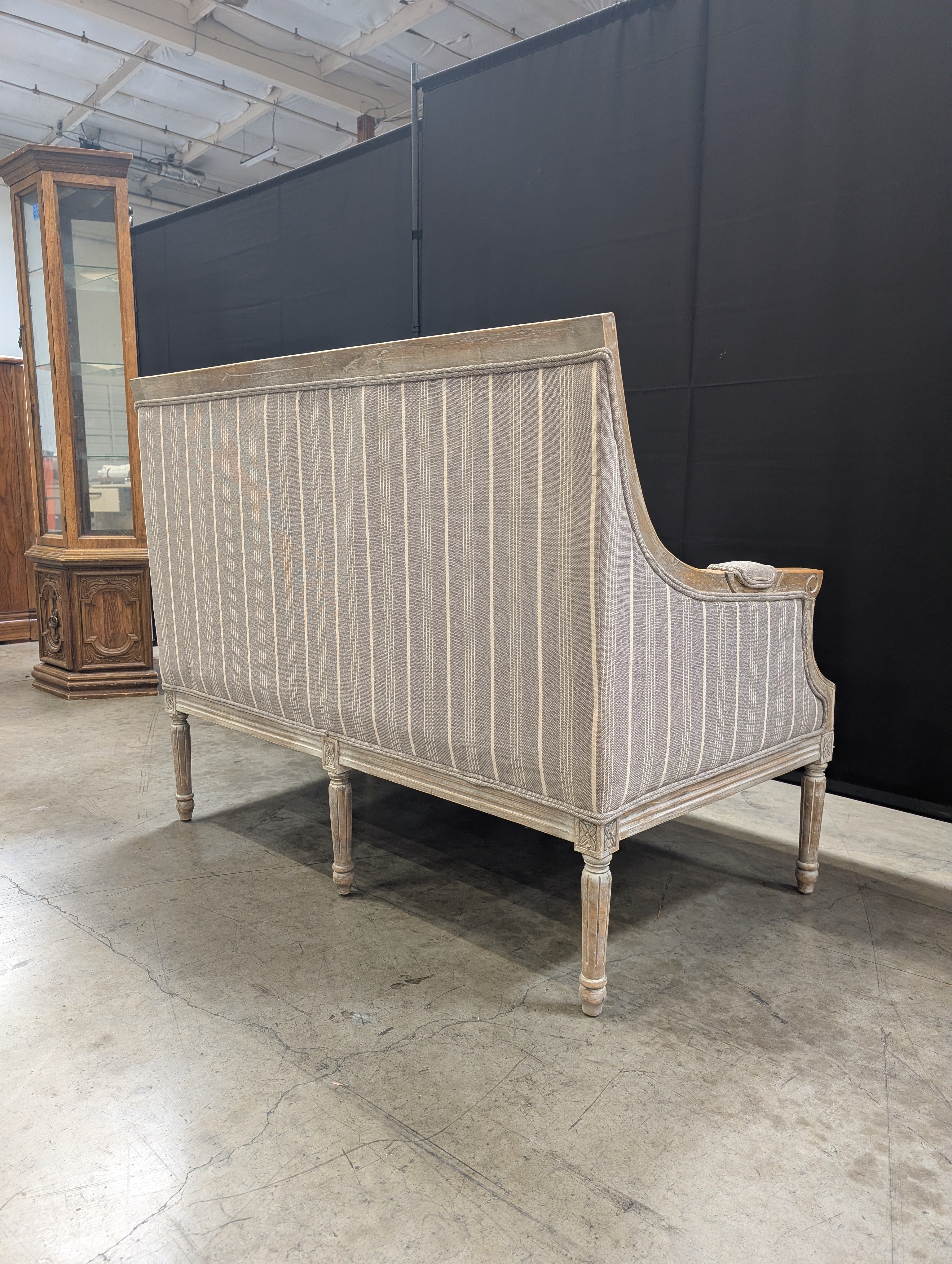 Distressed Wood Settee with Striped Upholstery - Image 17