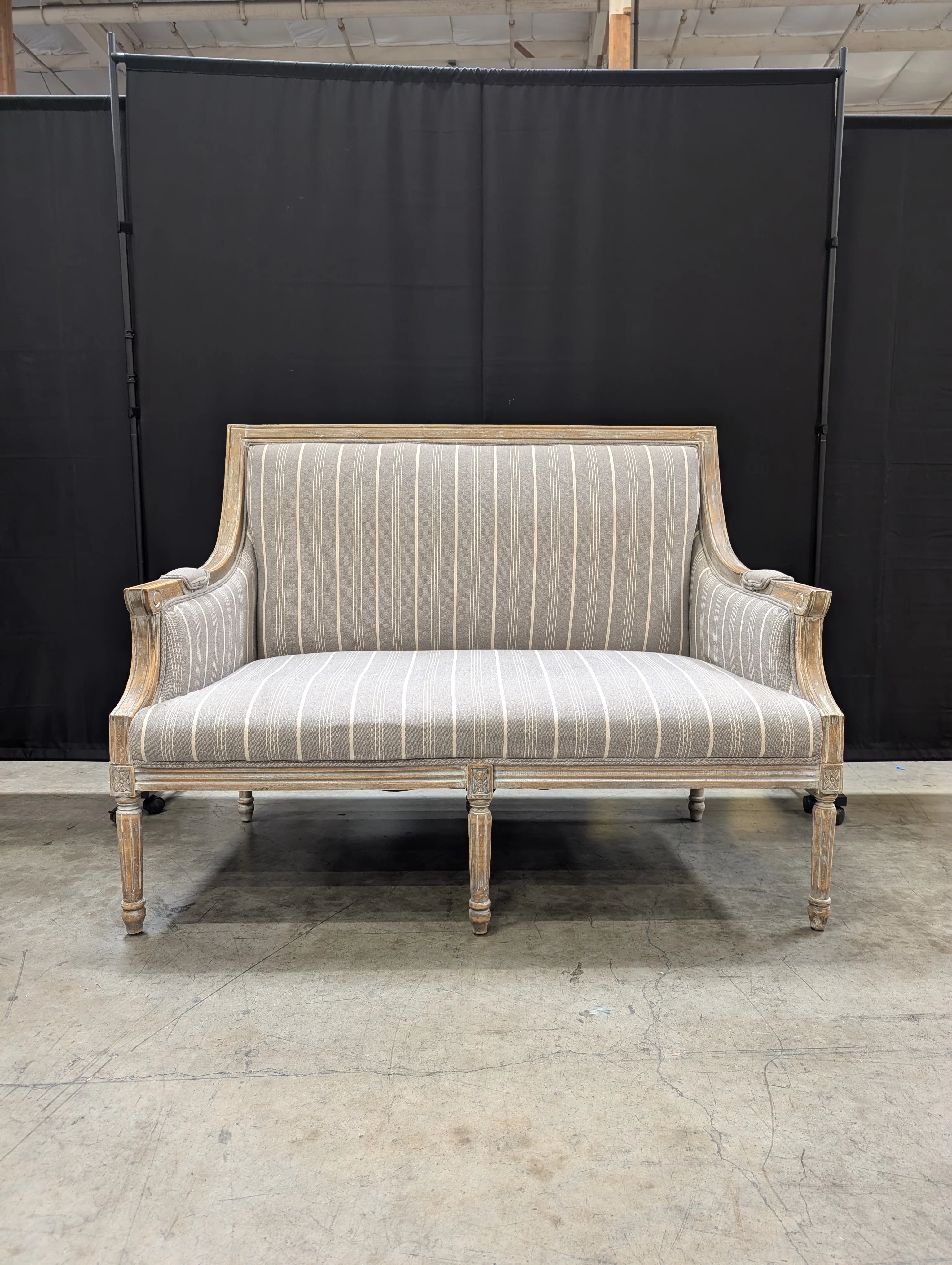Distressed Wood Settee with Striped Upholstery - Image 2