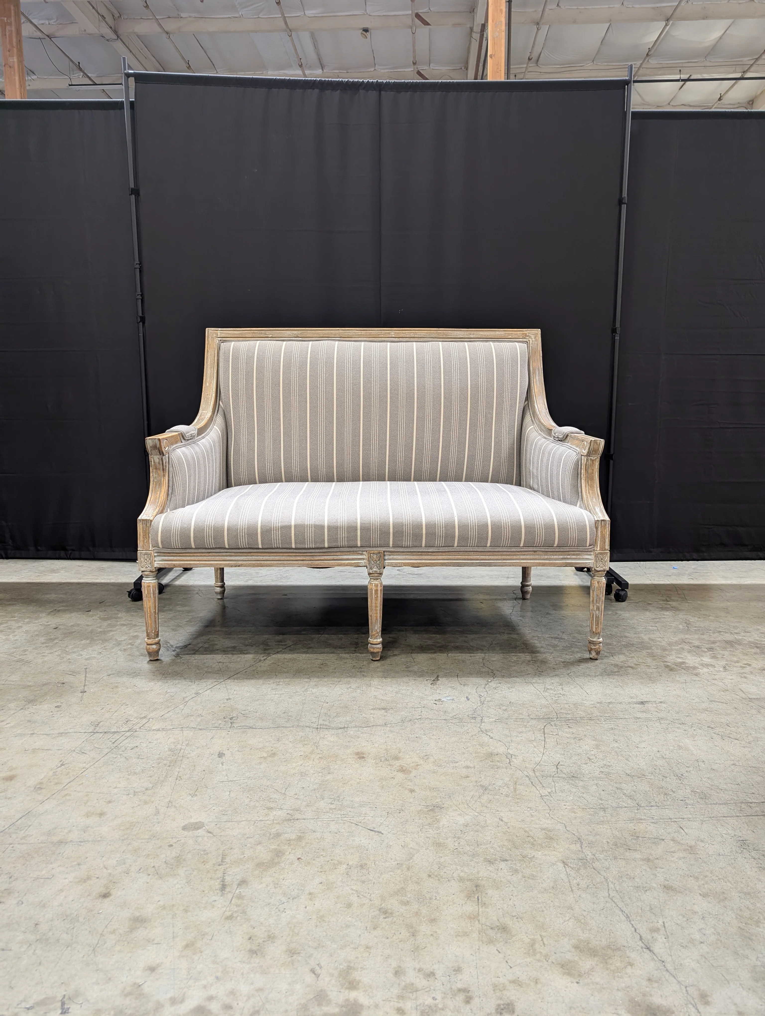 Distressed Wood Settee with Striped Upholstery - Image 3
