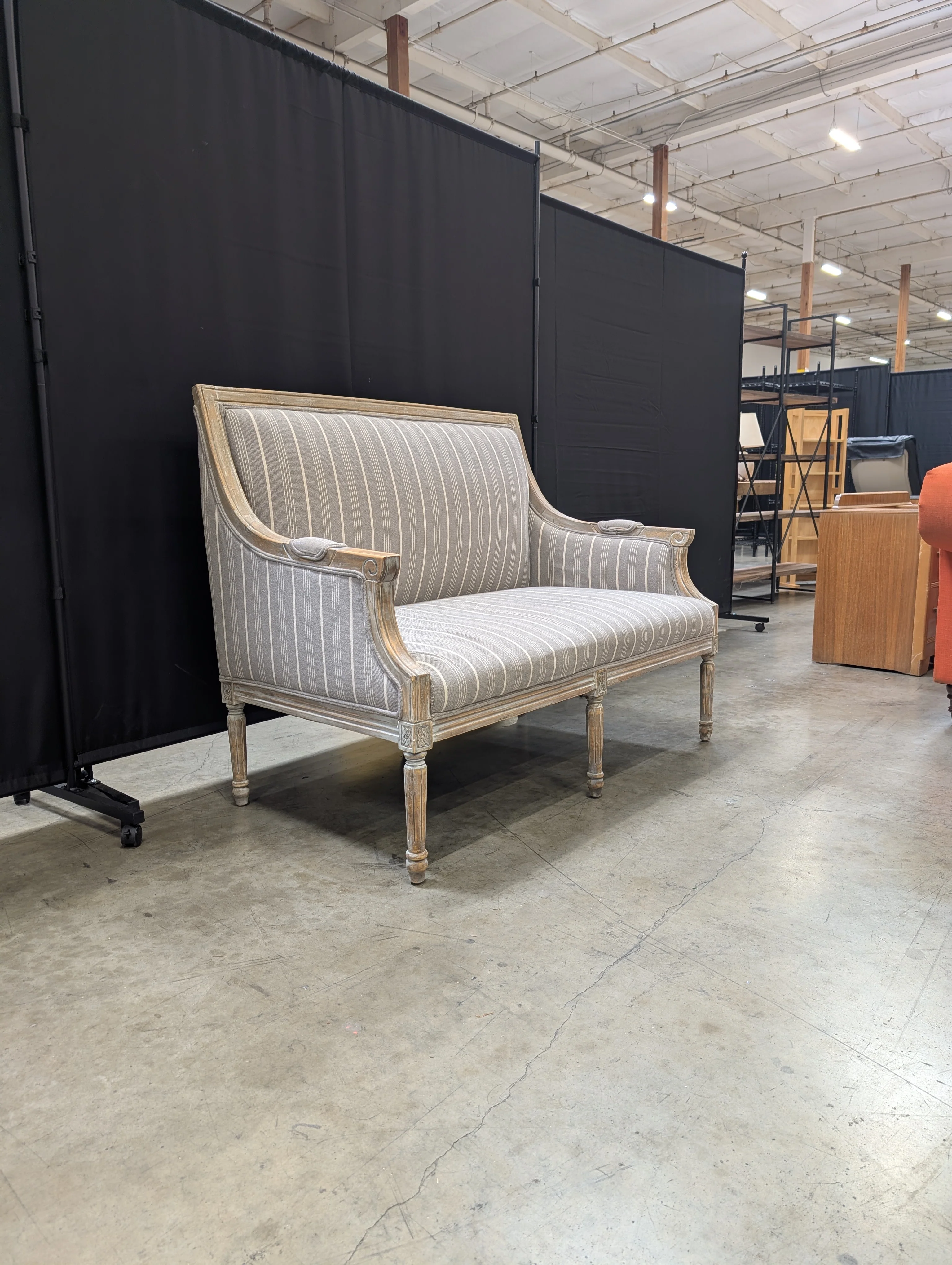 Distressed Wood Settee with Striped Upholstery - Image 4