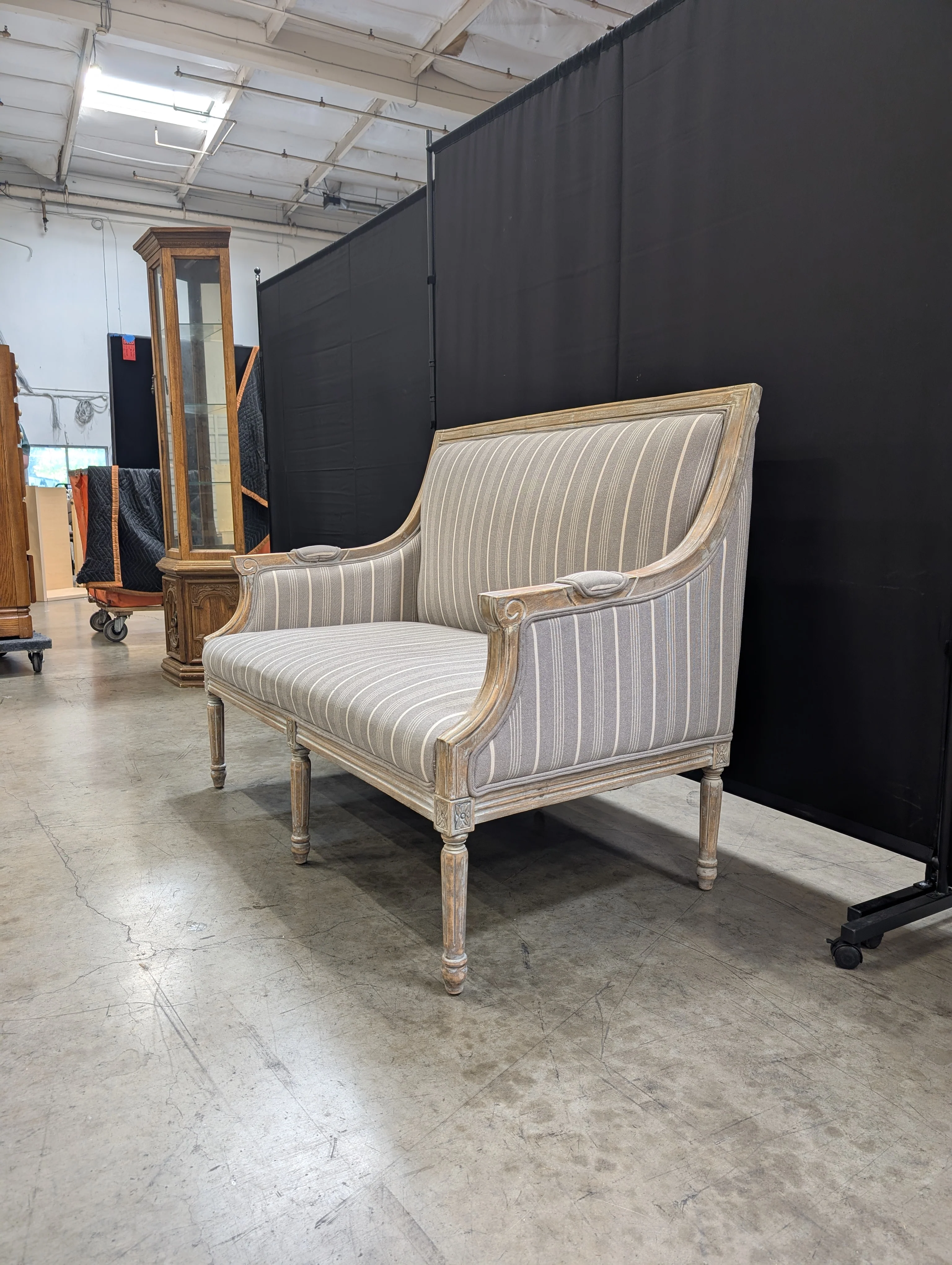 Distressed Wood Settee with Striped Upholstery - Image 5