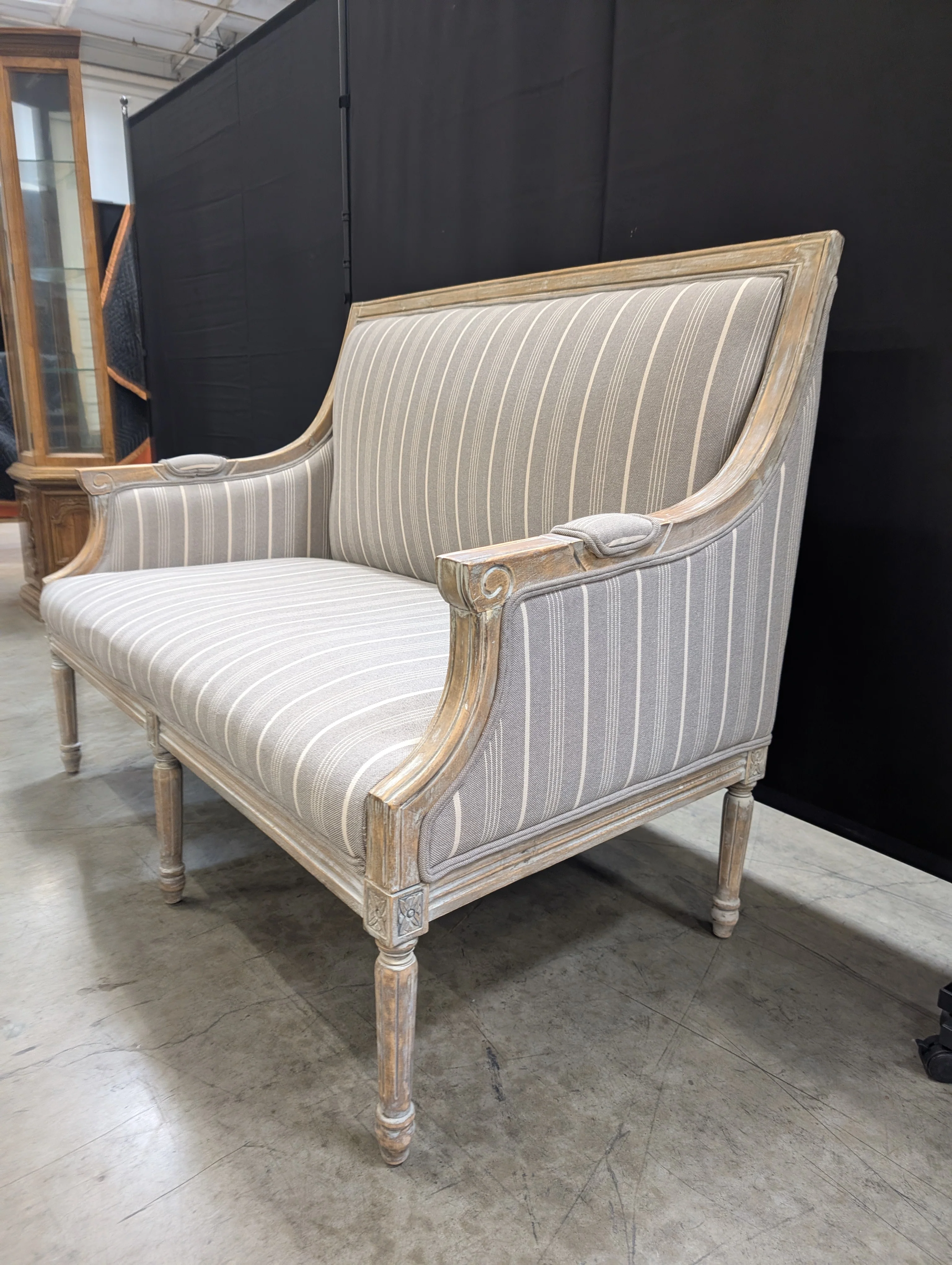 Distressed Wood Settee with Striped Upholstery - Image 6