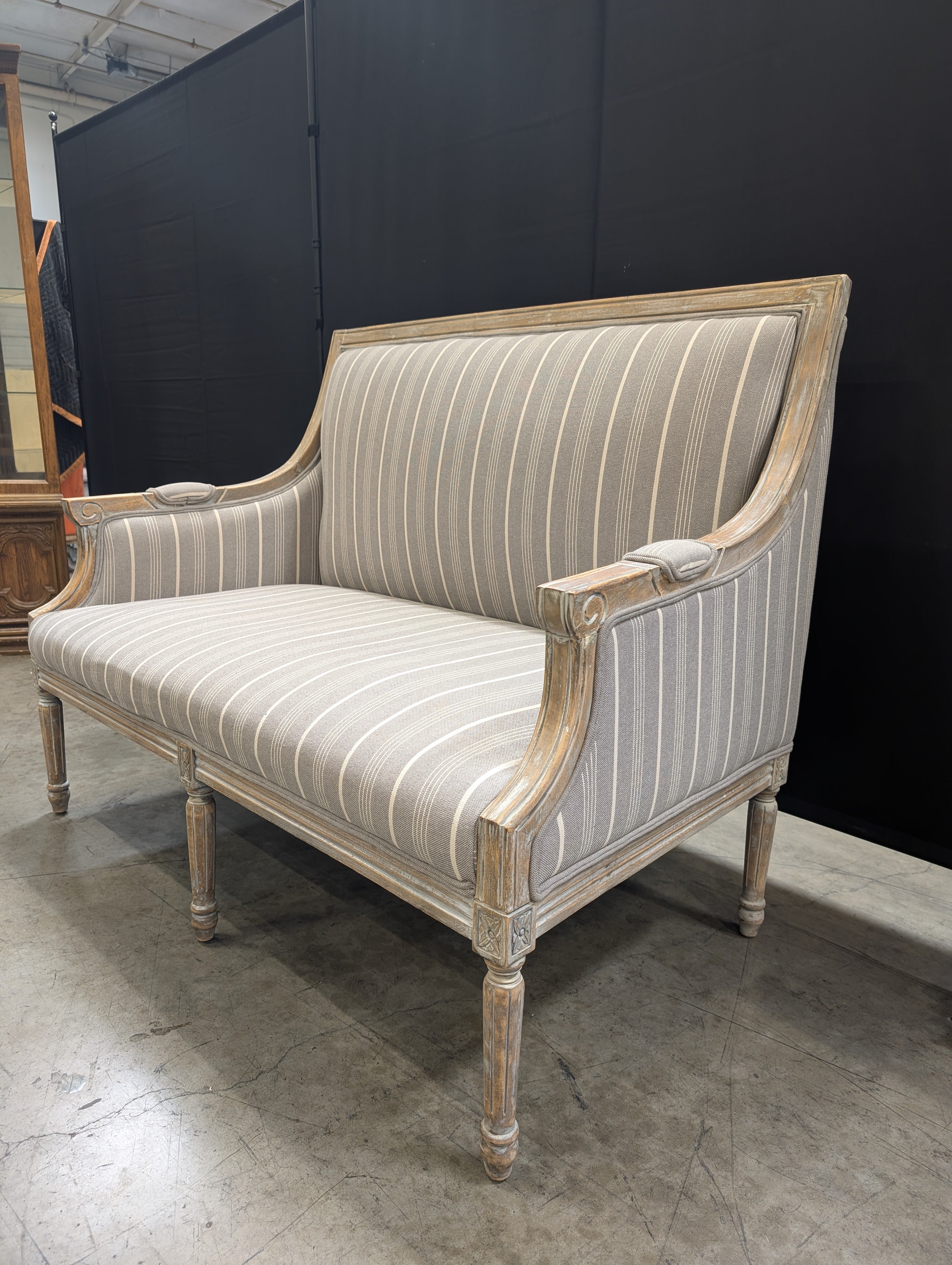 Distressed Wood Settee with Striped Upholstery - Image 7