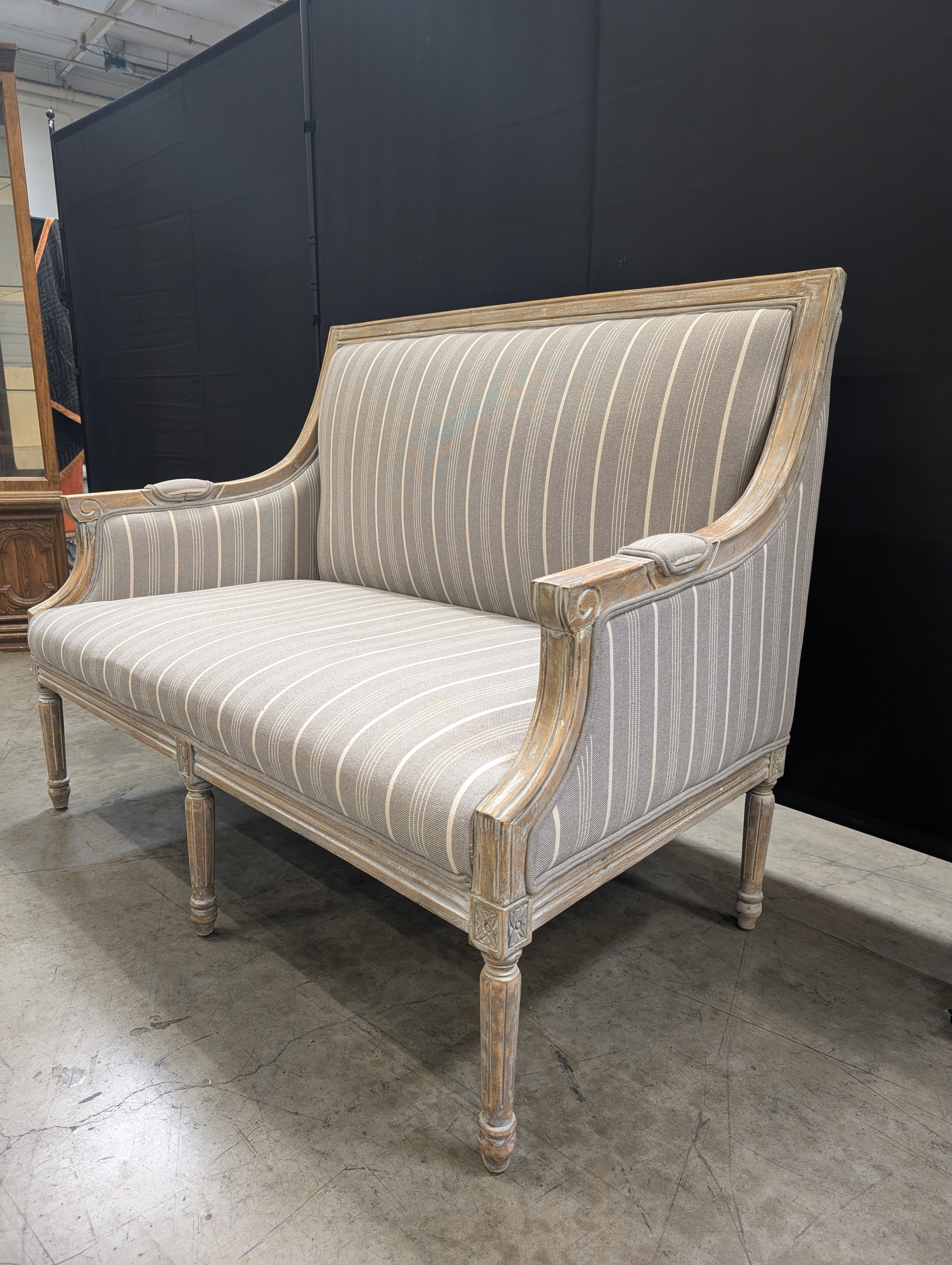 Distressed Wood Settee with Striped Upholstery - Image 8