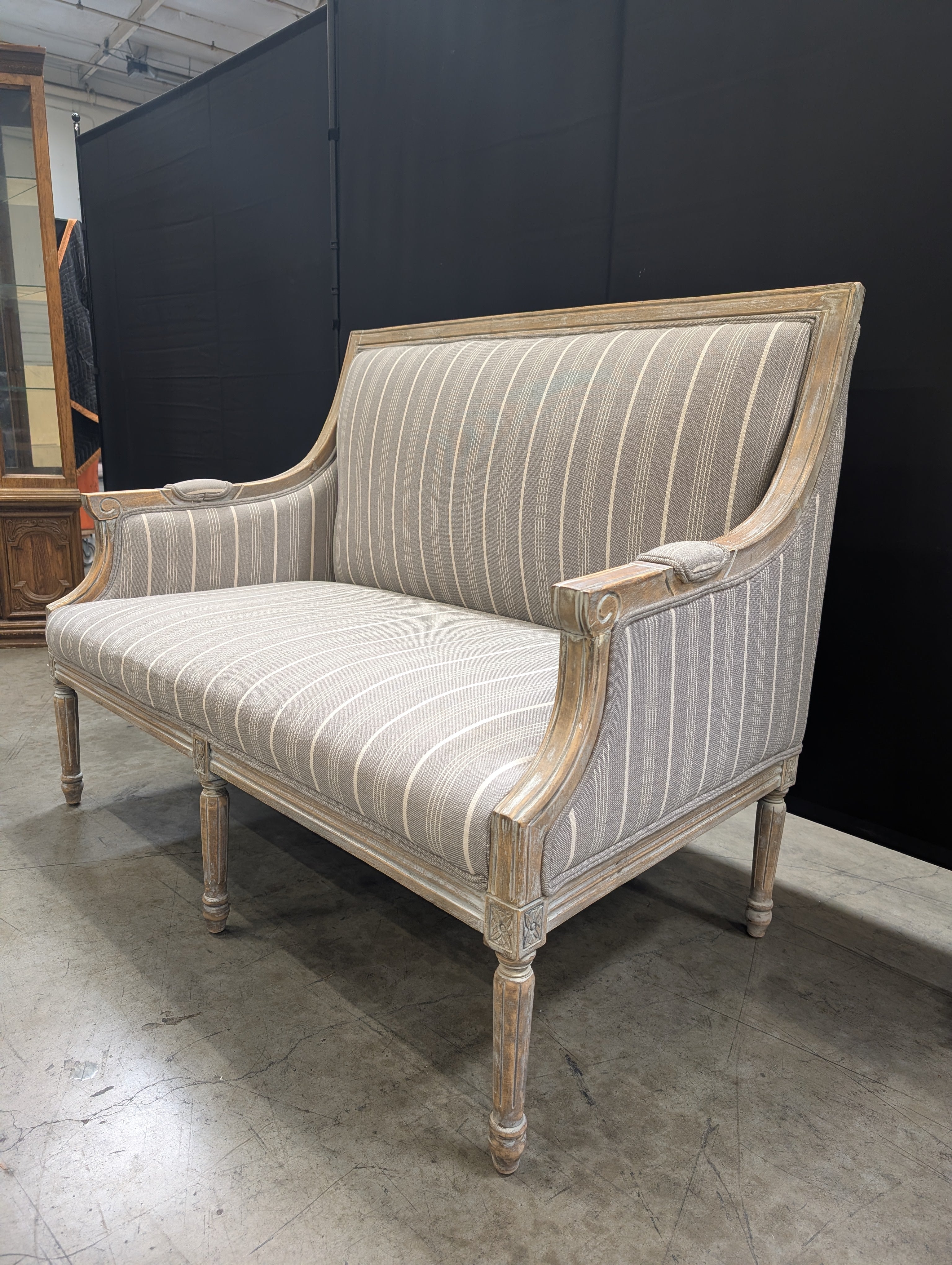 Distressed Wood Settee with Striped Upholstery - Image 9