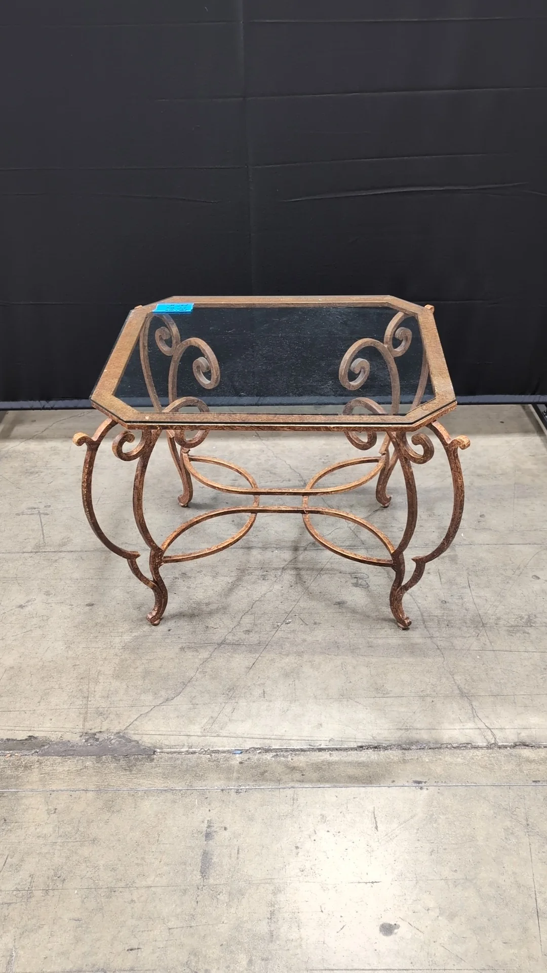 Octagonal Glass Top Accent Table with Scrollwork Metal Base - Image 2