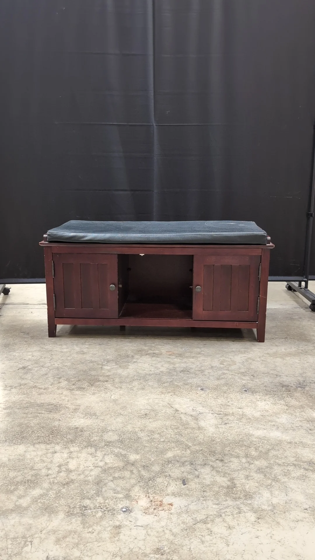 Mission Style Wood Entryway Storage Bench with Black Cushion - Image 2