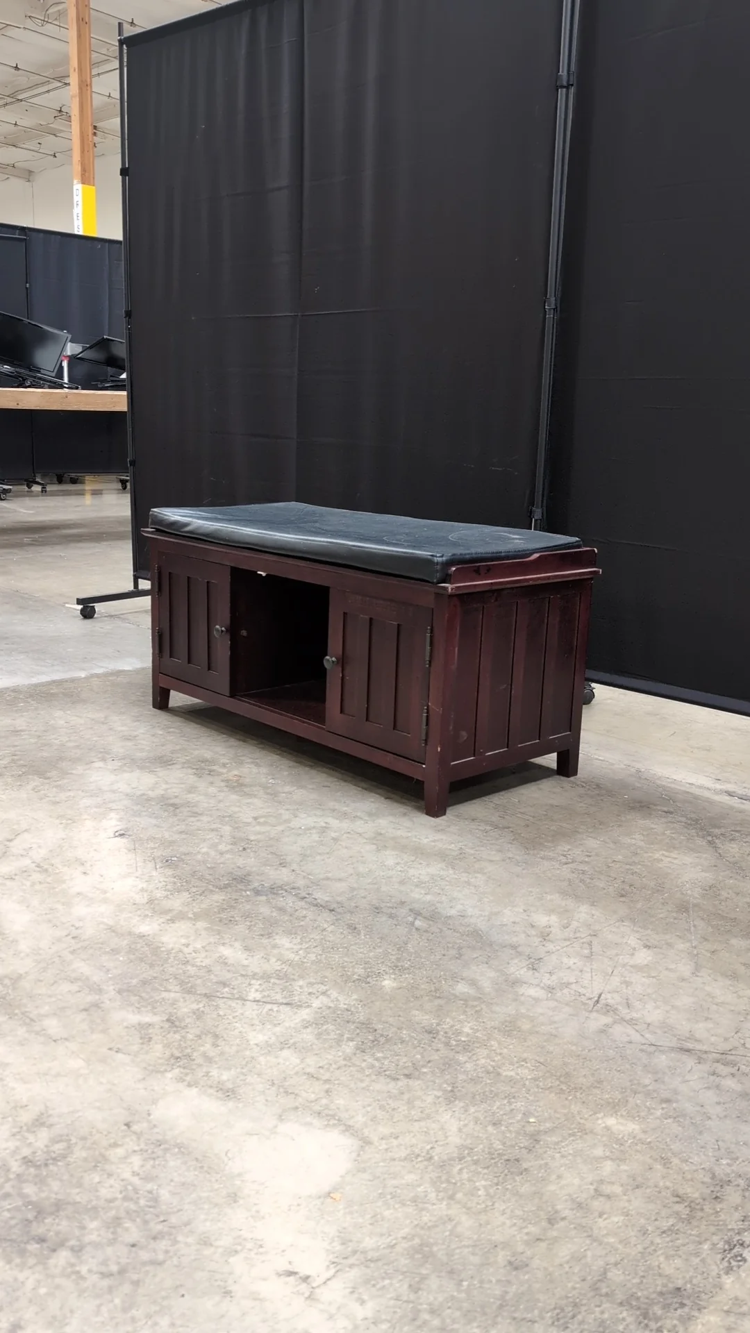 Mission Style Wood Entryway Storage Bench with Black Cushion - Image 3