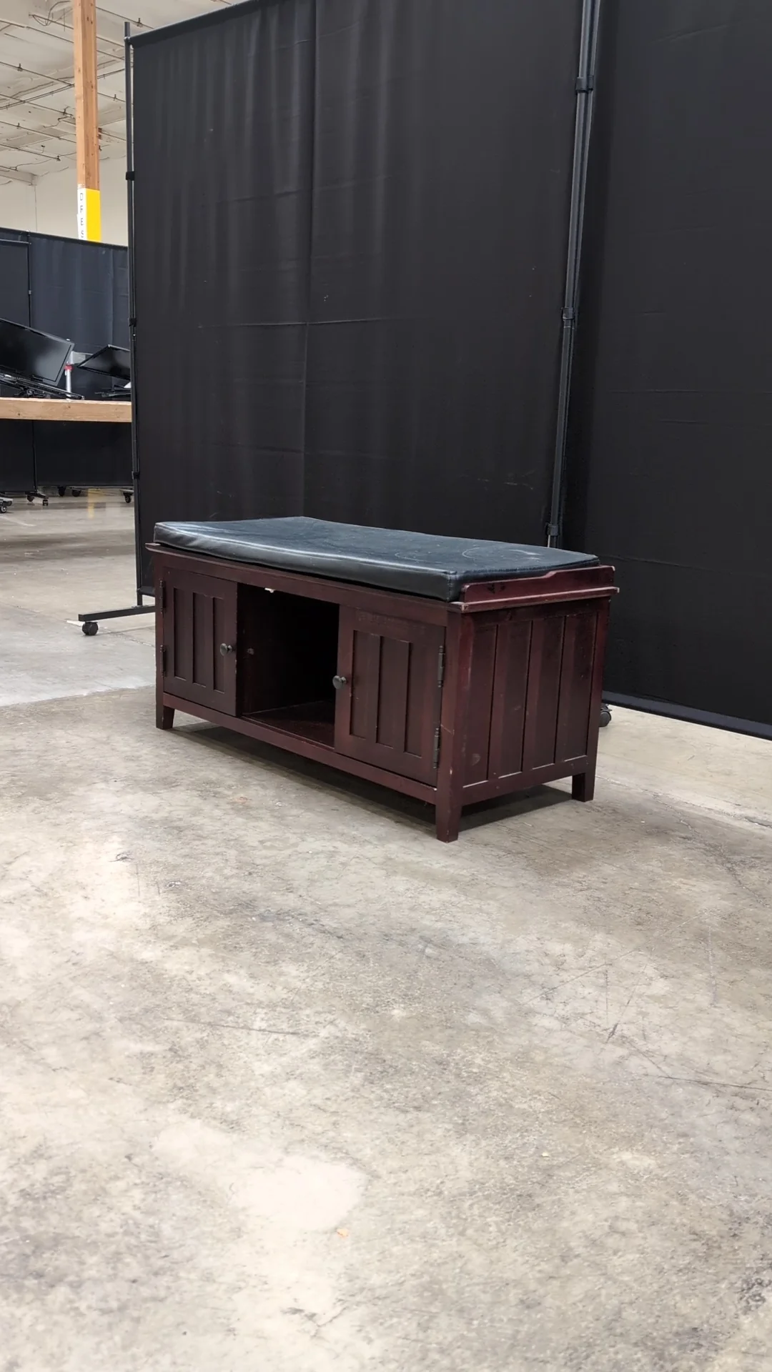 Mission Style Wood Entryway Storage Bench with Black Cushion - Image 4