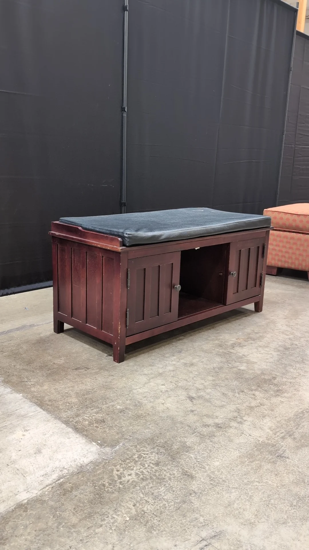 Mission Style Wood Entryway Storage Bench with Black Cushion - Image 5