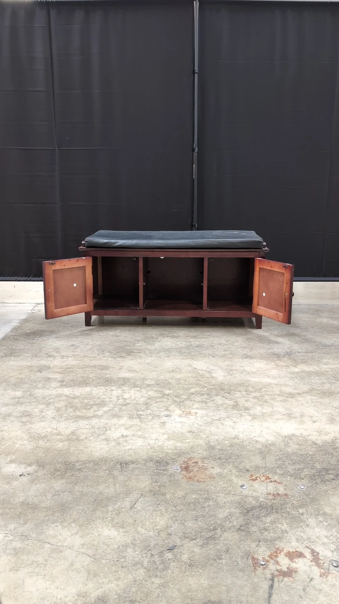 Mission Style Wood Entryway Storage Bench with Black Cushion - Image 8