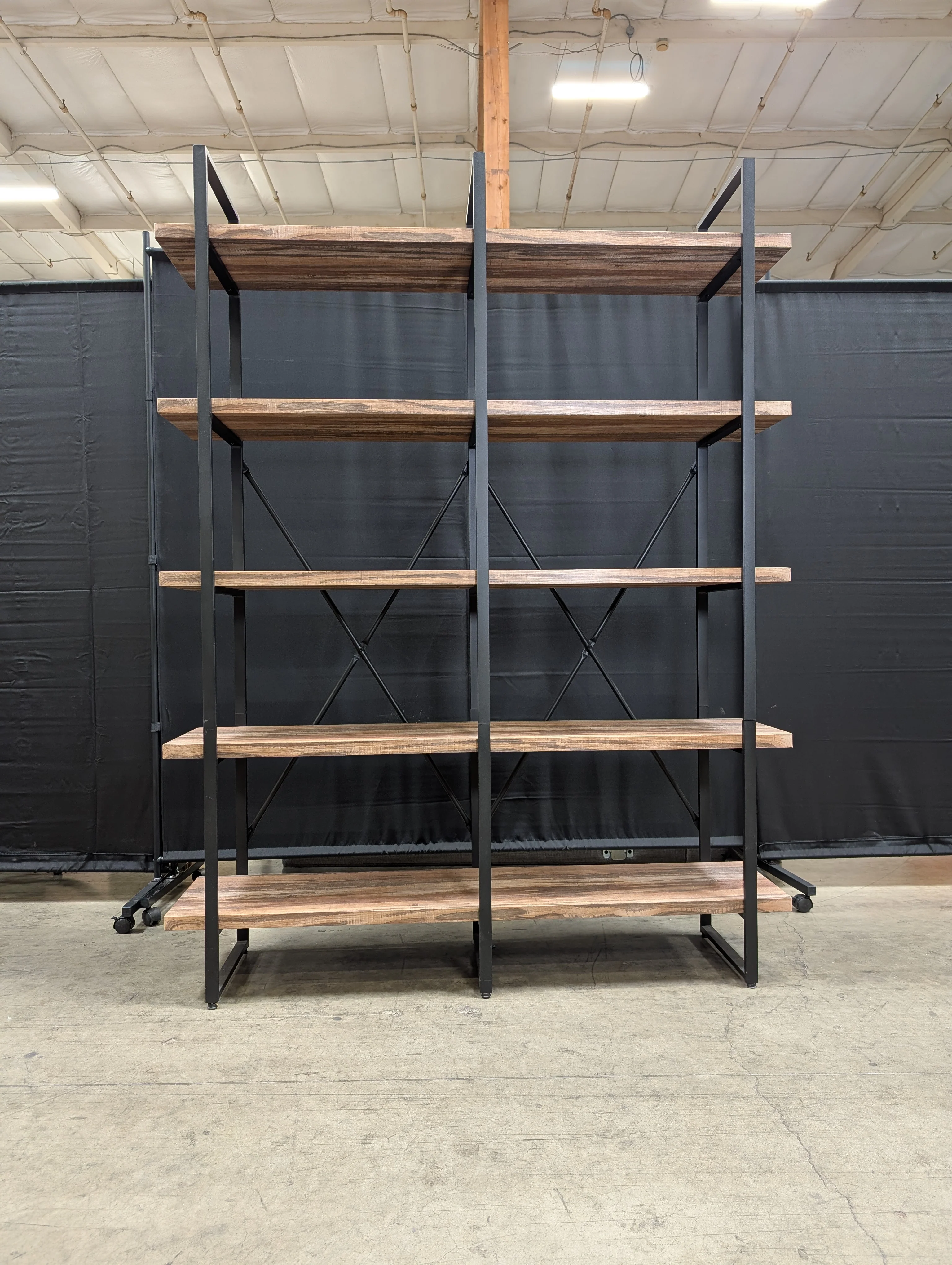 Five-Tier Industrial Wood and Metal Bookshelf