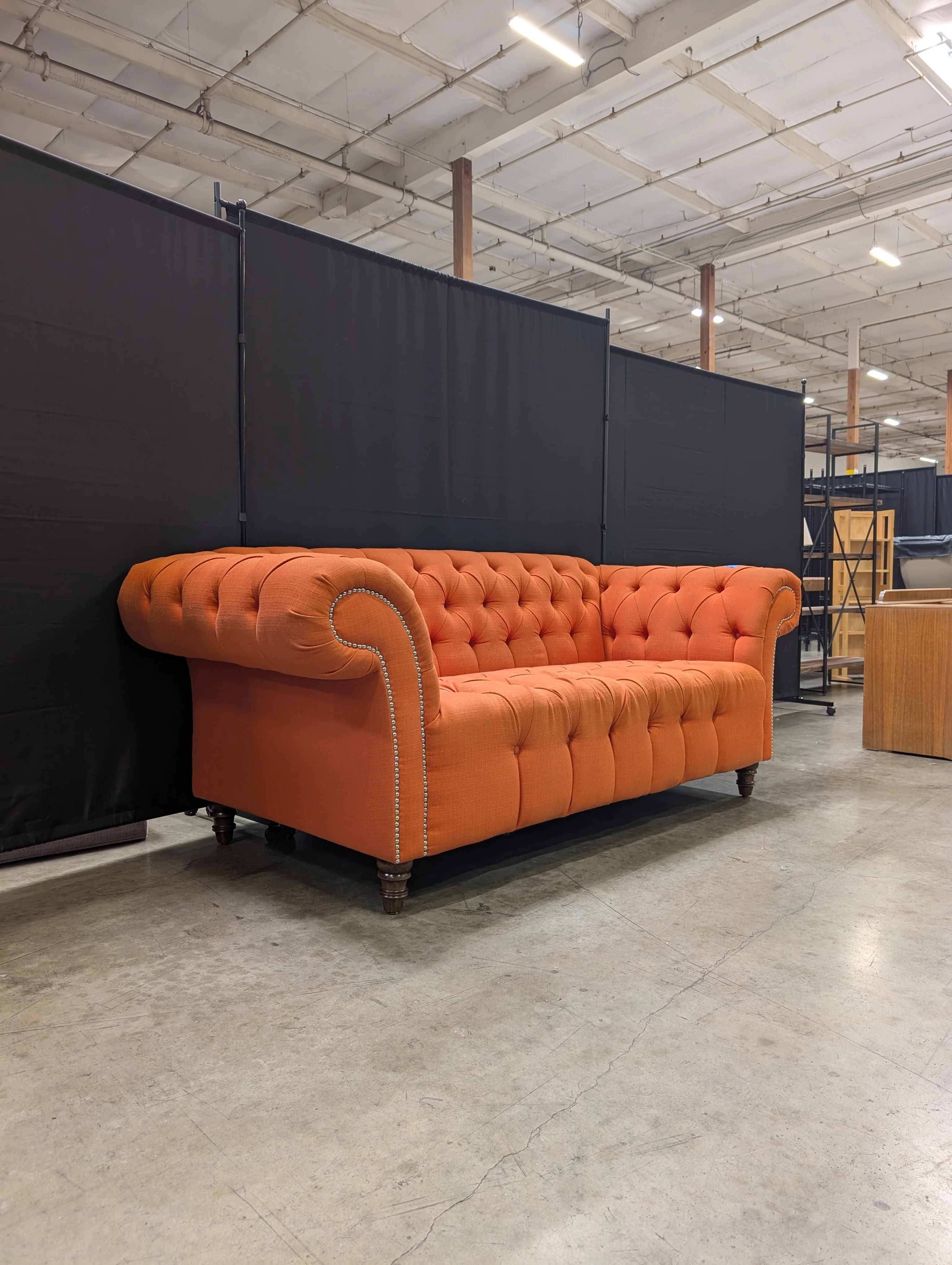 Vibrant Orange Button-Tufted Chesterfield Style Settee - Image 6