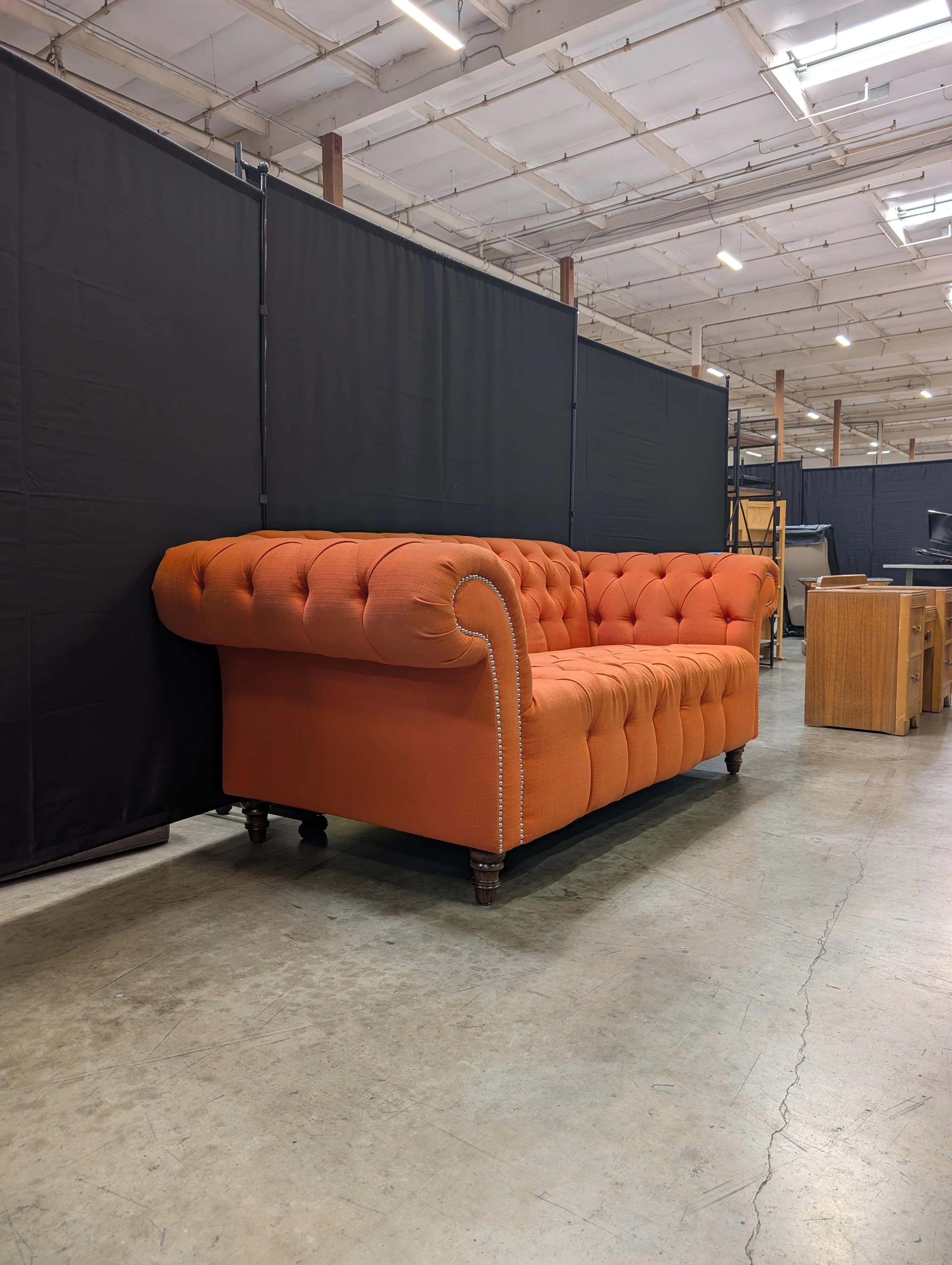 Vibrant Orange Button-Tufted Chesterfield Style Settee - Image 7
