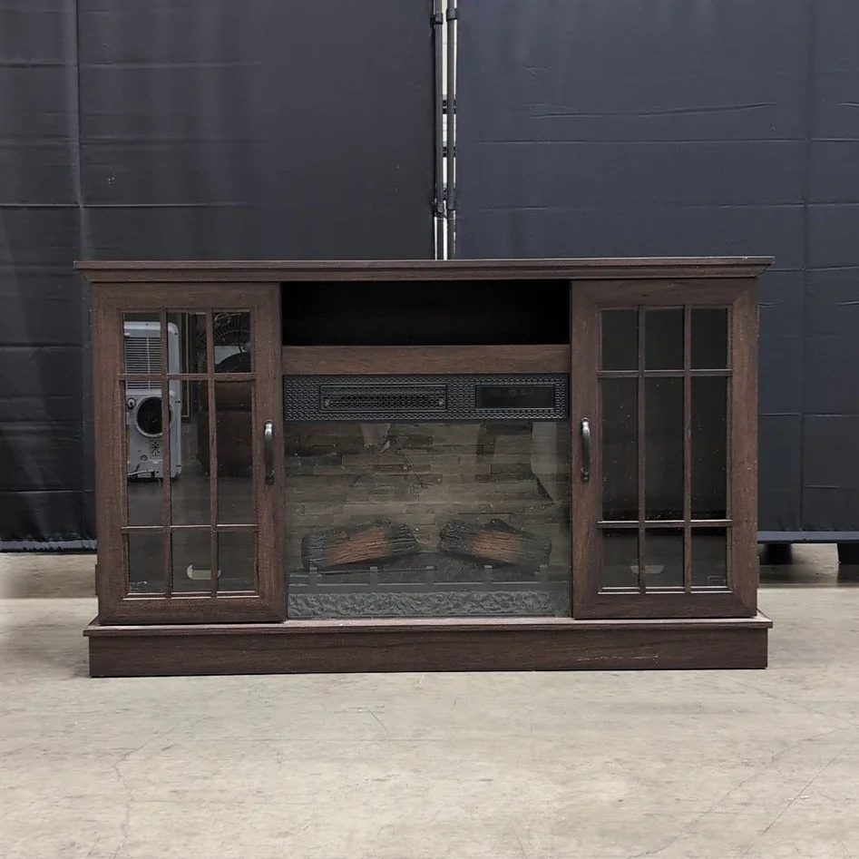 Dark Brown Wood Composite Media Console with Electric Fireplace