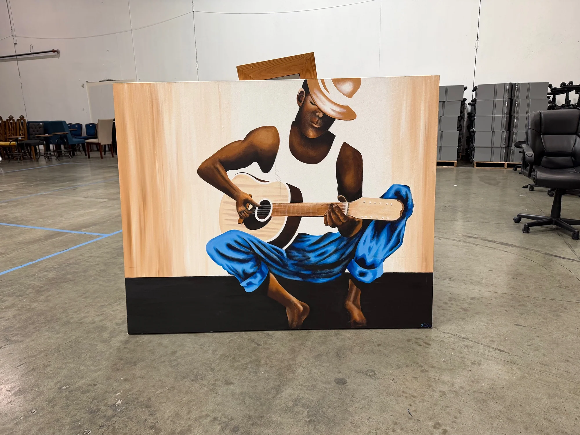 Original Figurative Canvas Painting of Man Playing Guitar - Image 2