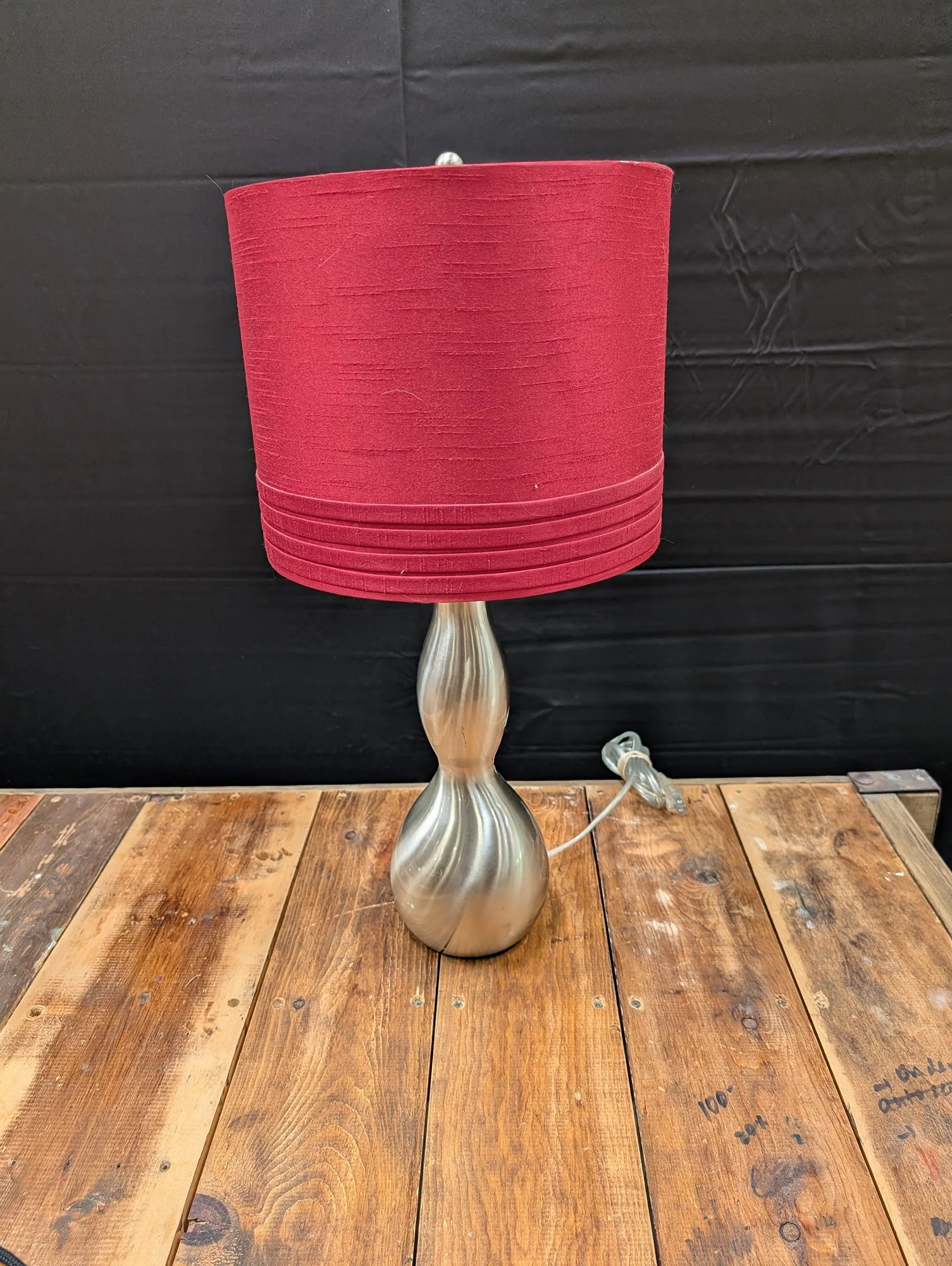 Contemporary Brushed Metal Table Lamp with Crimson Fabric Shade - Image 4