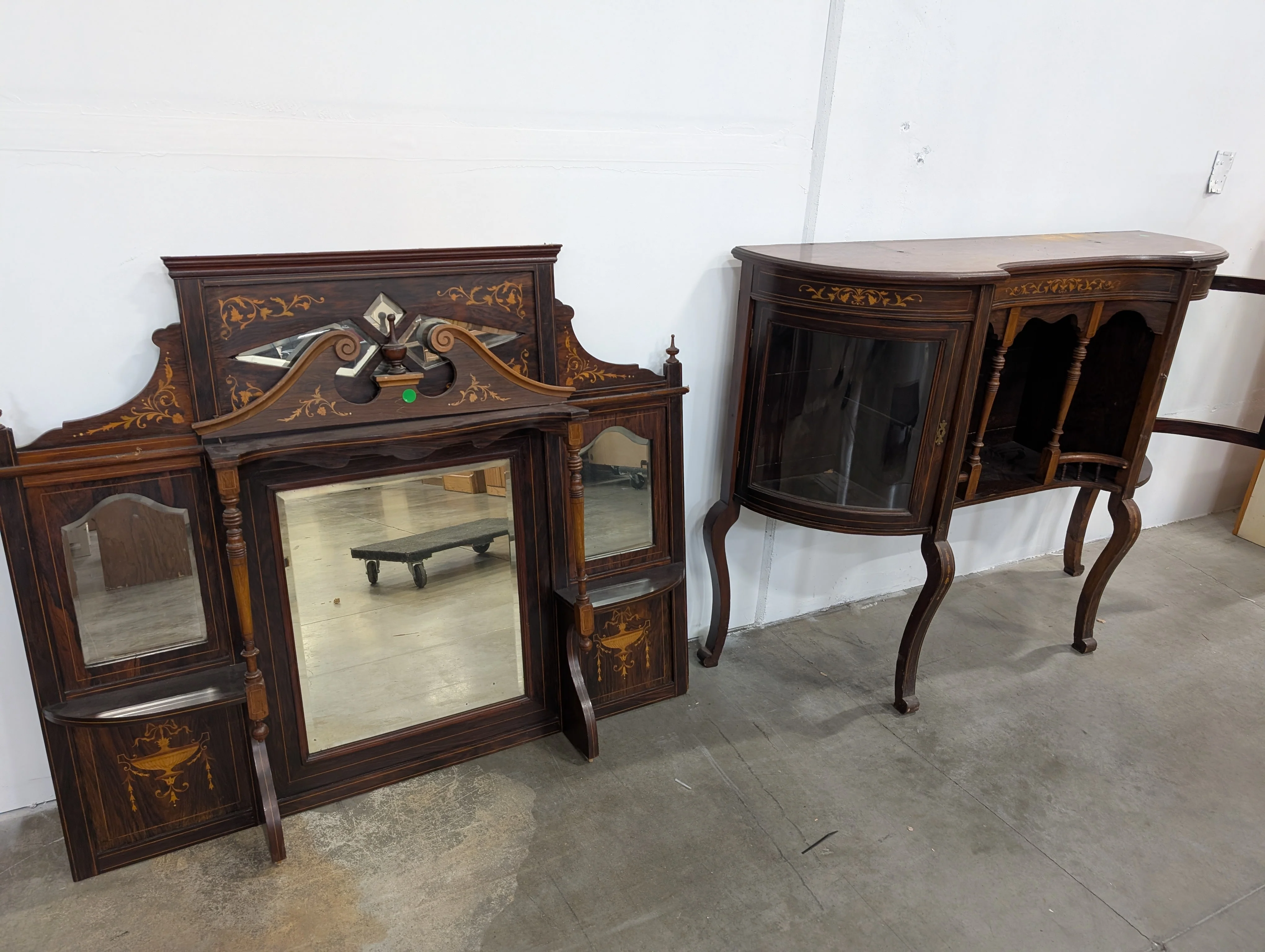 Very poor condition*** Antique Curved Wood Buffet with Intricate Inlay