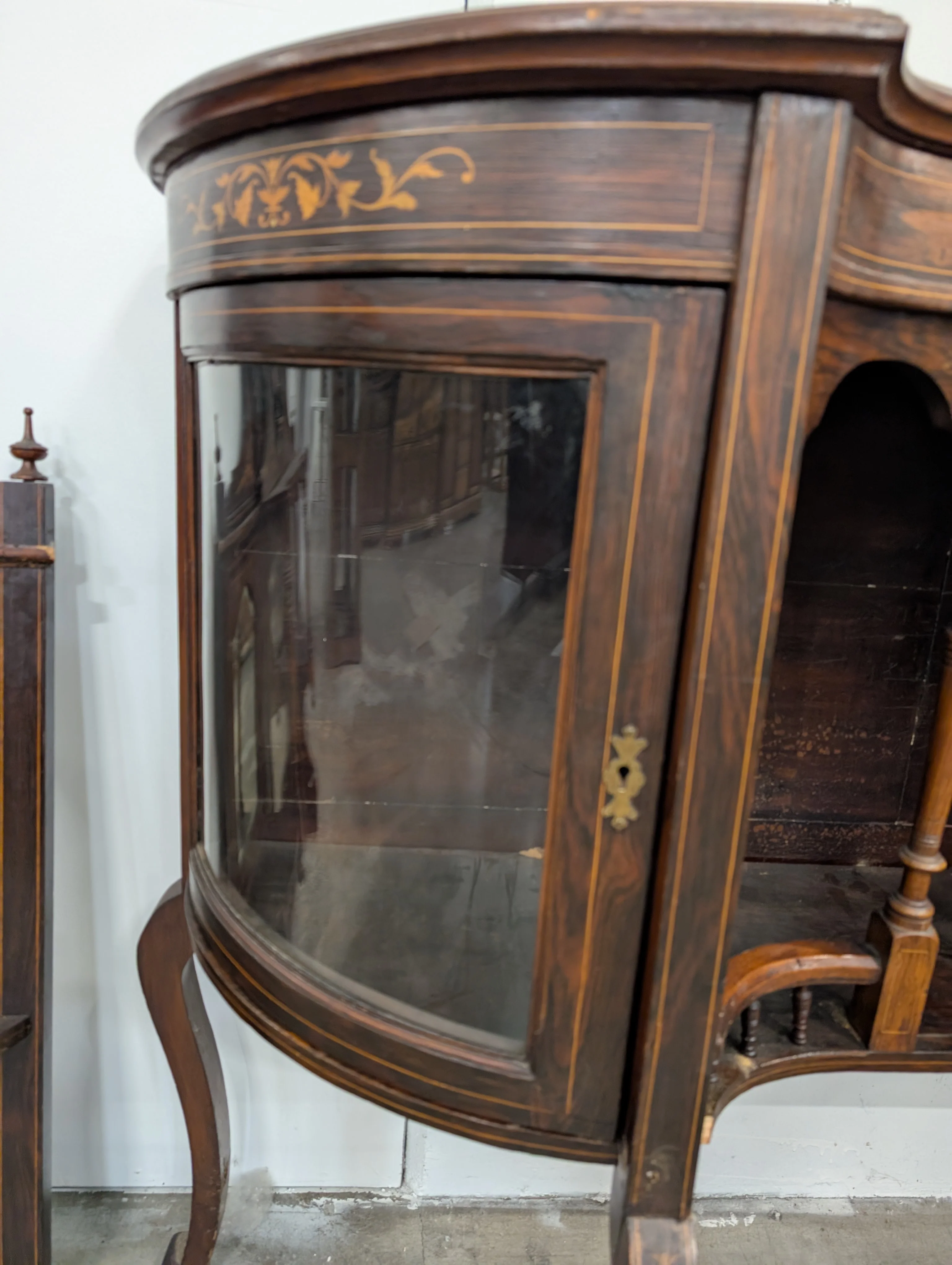 Very poor condition*** Antique Curved Wood Buffet with Intricate Inlay - Image 3