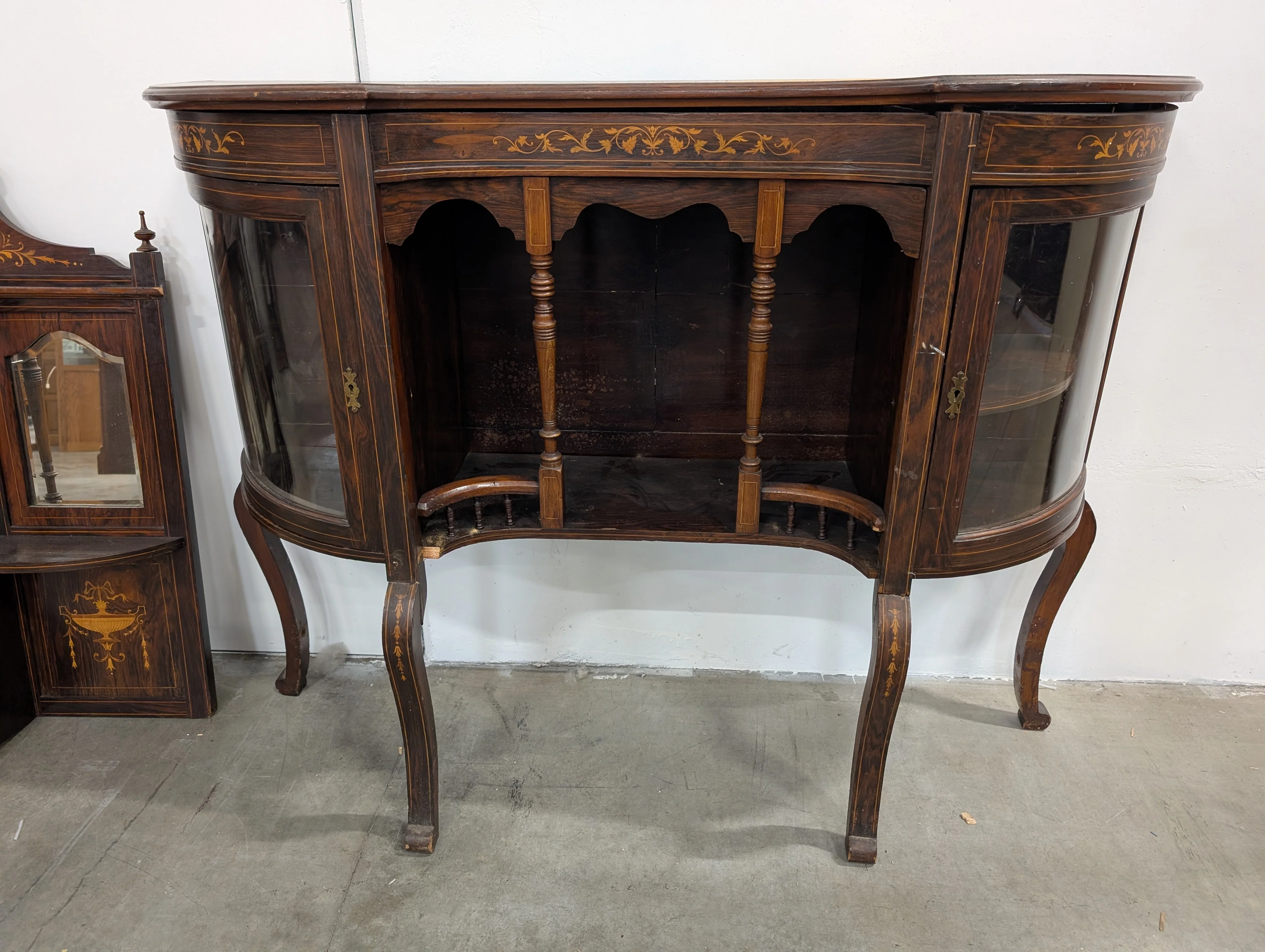 Very poor condition*** Antique Curved Wood Buffet with Intricate Inlay - Image 4