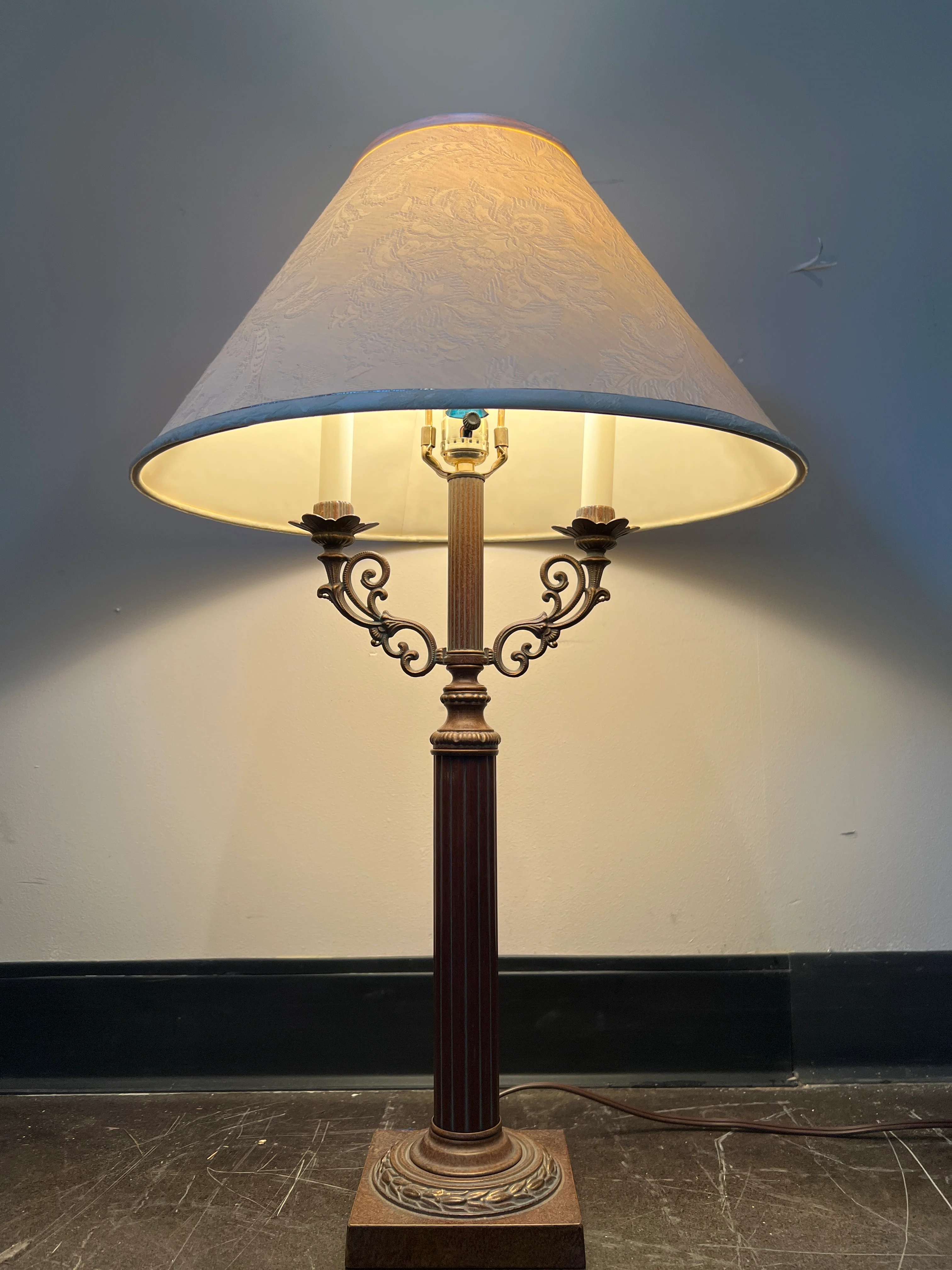 Vintage Bronze Column Table Lamp with Embossed Shade - Image 3